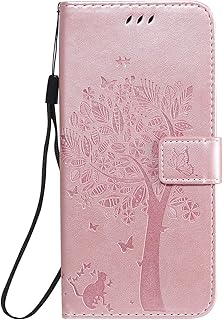Motorola Moto G30/Moto G10 Case, for Moto G30/G10 Flip Case with Card Slots Magnetic Kickstand PU Leather Wallet Phone Cover Cat & Tree Embossed TPU Bumper Protective Shockproof Case, Rose Gold
