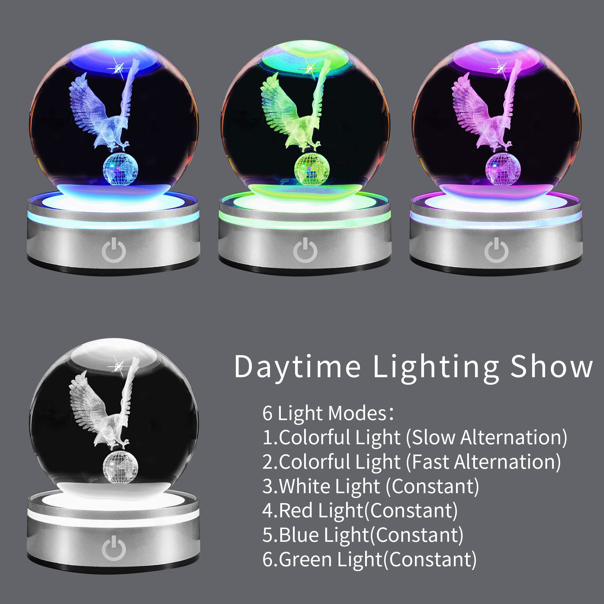 pinyan Eagle Gift 3D Crystal Ball with LED Light Base Unique Decor Glass Figurine Lamps Laser Engraved Nightlight for Best Friend Eagle Lovers Keepsake Paperweight