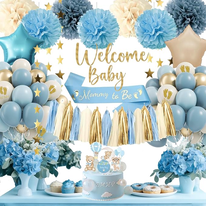 Dusty Blue Baby Shower Decorations, Baby Shower Decorations Boy Set with Welcome Baby Banner