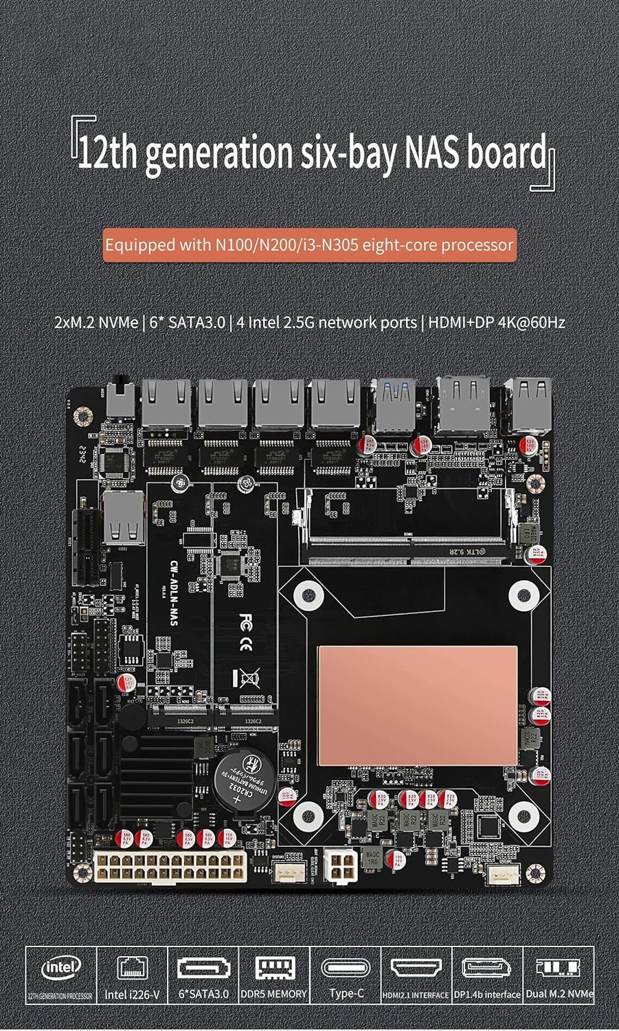 N100 Scheda madre industriale NAS 4 core 4 Fili Processore Bassa Potenza 4 x 2,5 G i226 rete M.2 Slot 6 x SATA DP HDMI 2.0 PCIE × 1
