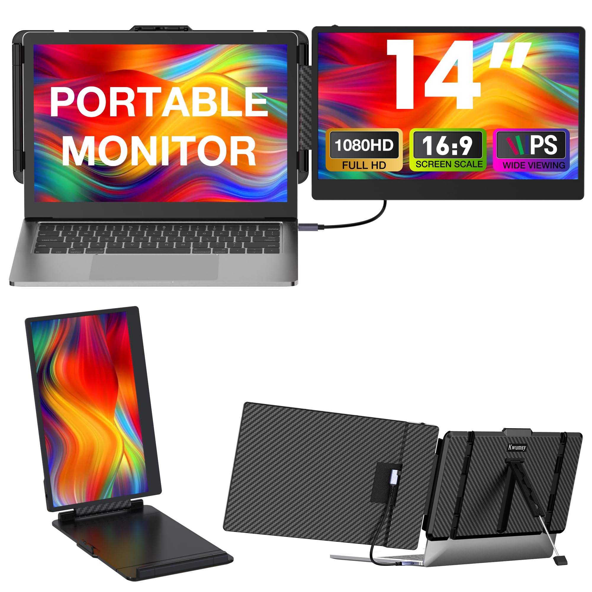 Kwumsy Monitor Portatile per Laptop-14 Pollici Doppio Monitor Per Portatile, FHD 1080P IPS Schermo Portatile Compatibile per Wins/Chrome/Mac,Doppio Estensione Schermo Per Laptop Per 13''-17''Laptop