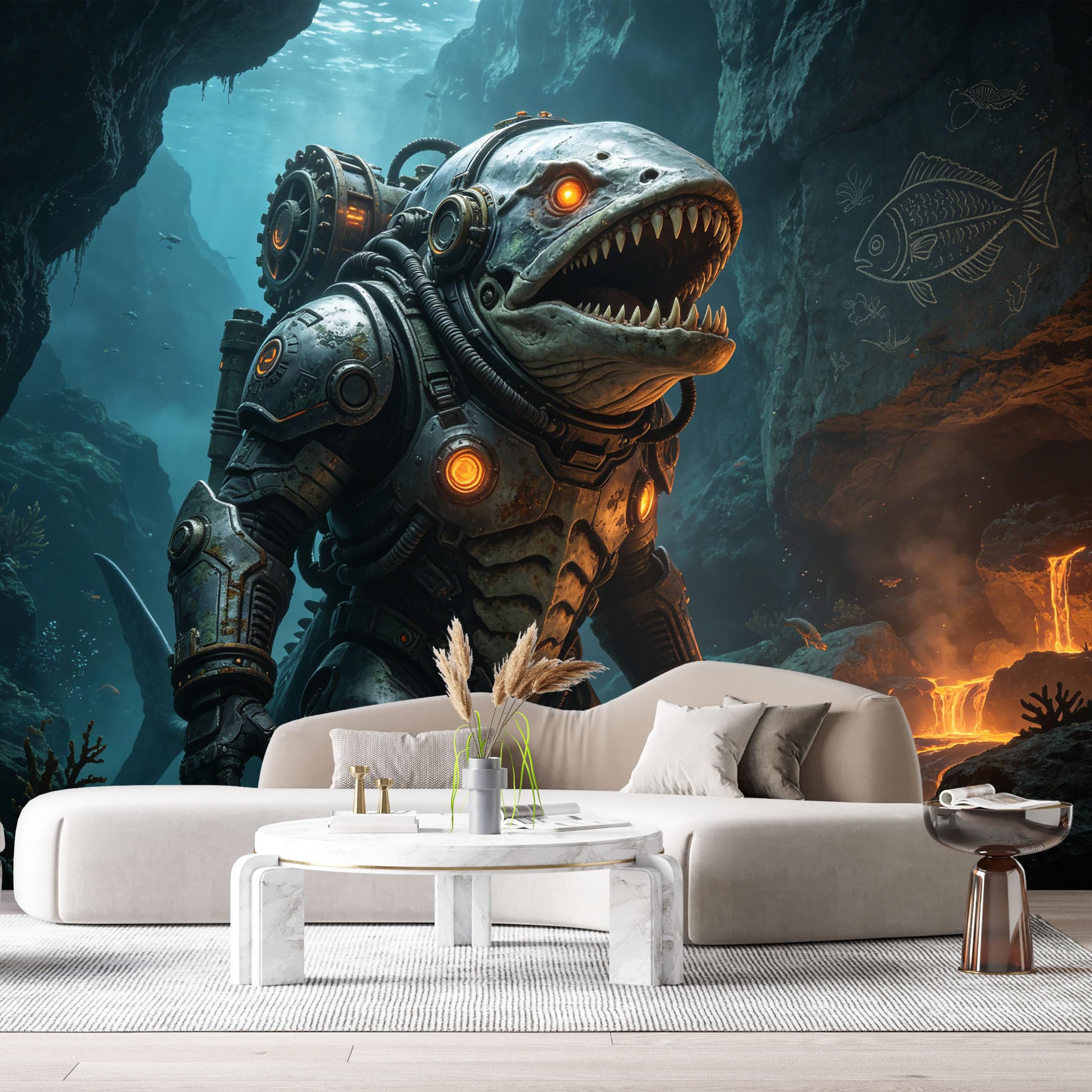 Custom Size Wall Mural Deep Sea Mech Shark Armor Futuristic Underwater Robot SelfAdhesive Art Prints Removable Large Wallpaper Boy Bedroom Esports Room Game Room Tenant Room Studio