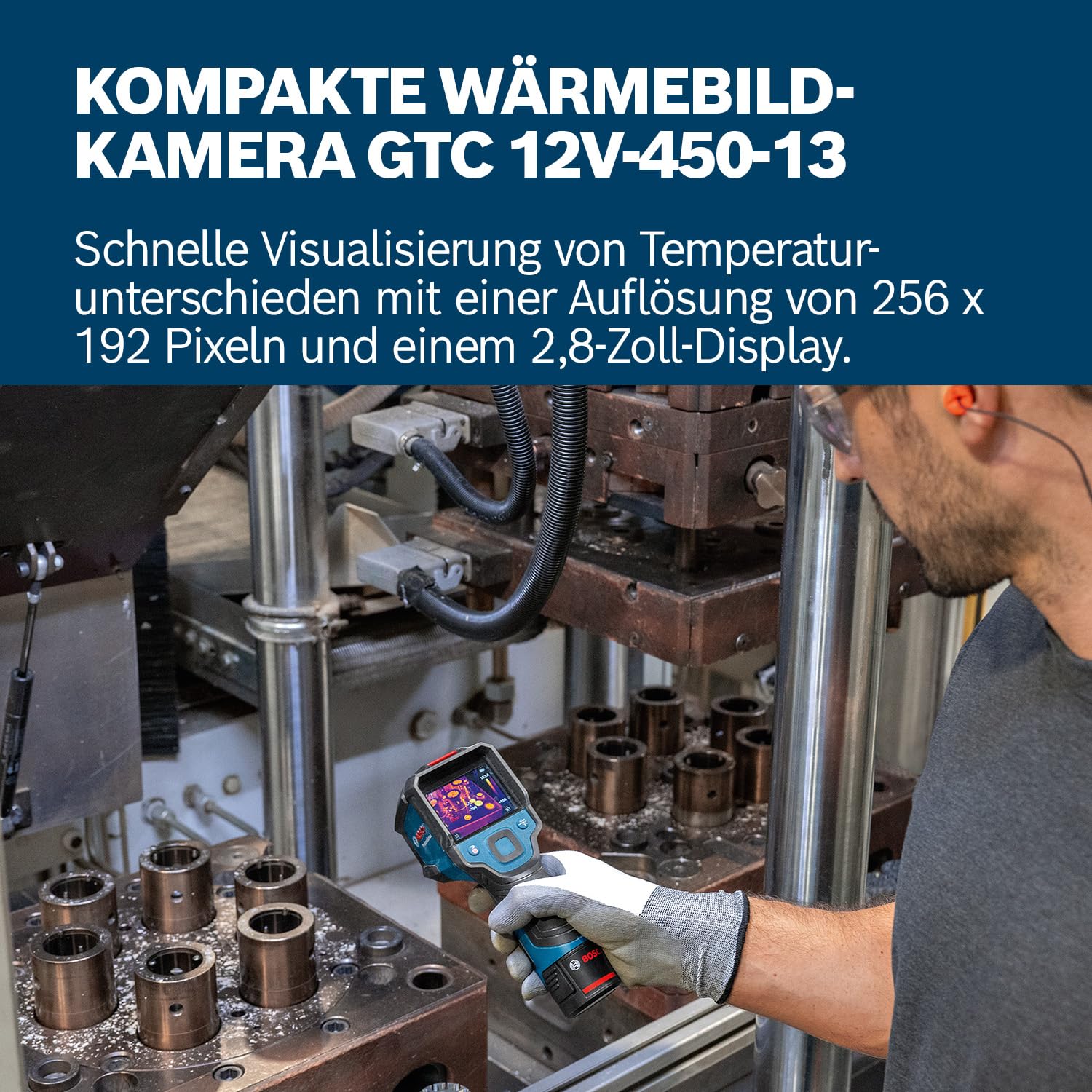 Bosch Professional Wärmebildkamera GTC 12V-450-13 (256x192 px Auflösung, -20°C bis +450 °C, Dual-Stromquelle, AA1 Batterieadapter, 4x 1,5 V LR6 AA, Tasche, USB-C Kabel, Faltbox)