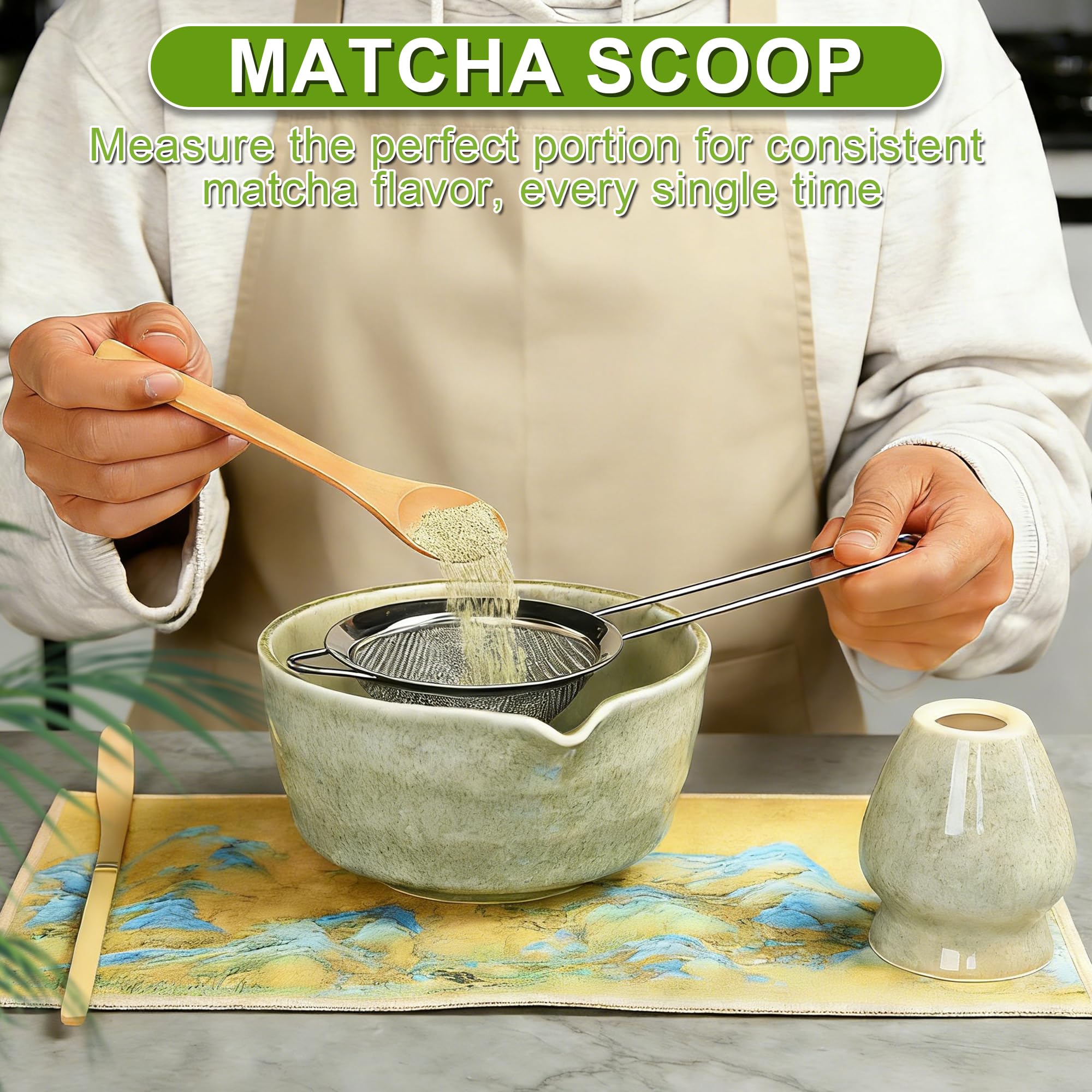 Matcha Set,7 Piece Matcha Besen Set, Matcha Tea Set Matcha Besen, Matcha Schale mit Ausgießer (Chawan), Sieb, Schaufel, Tea Set,Teetuchunterlage,für Teeliebhaber und Teezeremonie-Anfänger