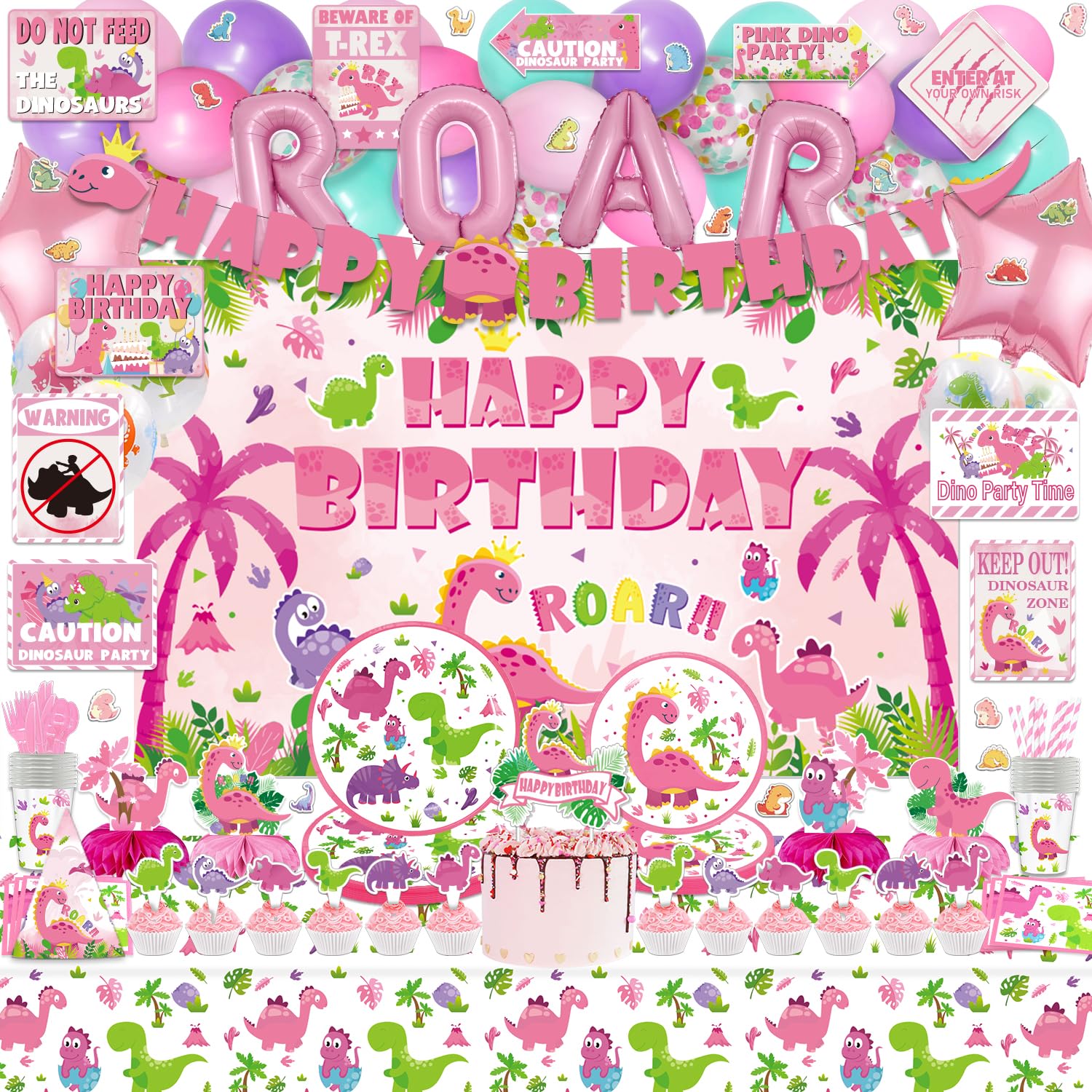 FrozzlyFun Girl Dinosaur Party Supplies, 206Pcs Pink Dinosaur Dino Themed Bday Party Decor Decorations for Girls - Backdrop, Banner, Tablecloth,
