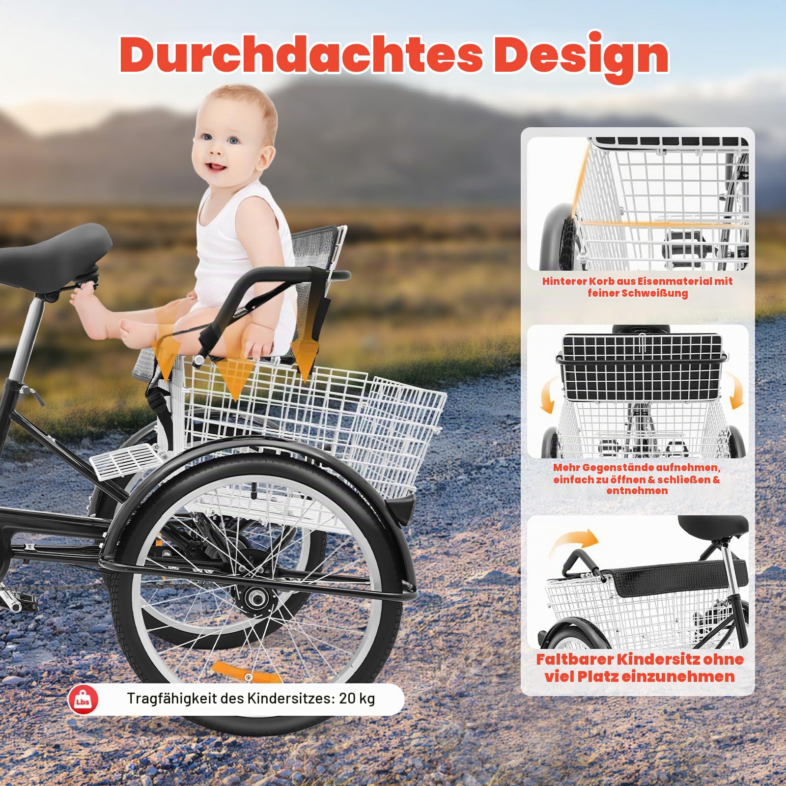20 Zoll Erwachsenen-Dreirad mit Kindersitz, Dreirad Fahrrad mit Verstellbarer Lenker, Sattel und Korb, 3 Rad Fahrrad für Erwachsene Senioren, für Erholung, Einkaufen, Picknicks Spielzeug