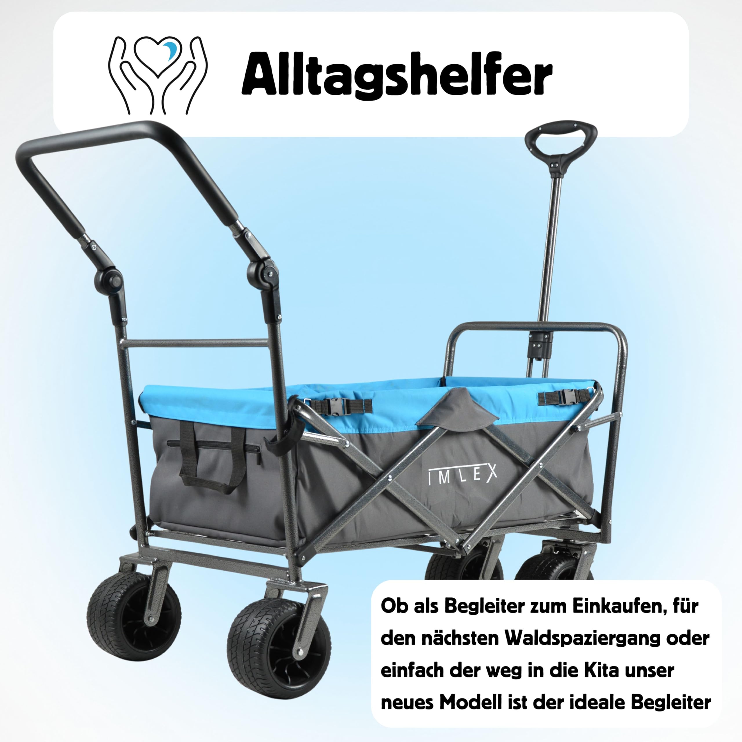 IMLEX Bollerwagen IM-4275 faltbar Azurblau Bollerwagen klappbar mit Schiebegriff Transportwagen mit 3-Punkt-Gurtsystem