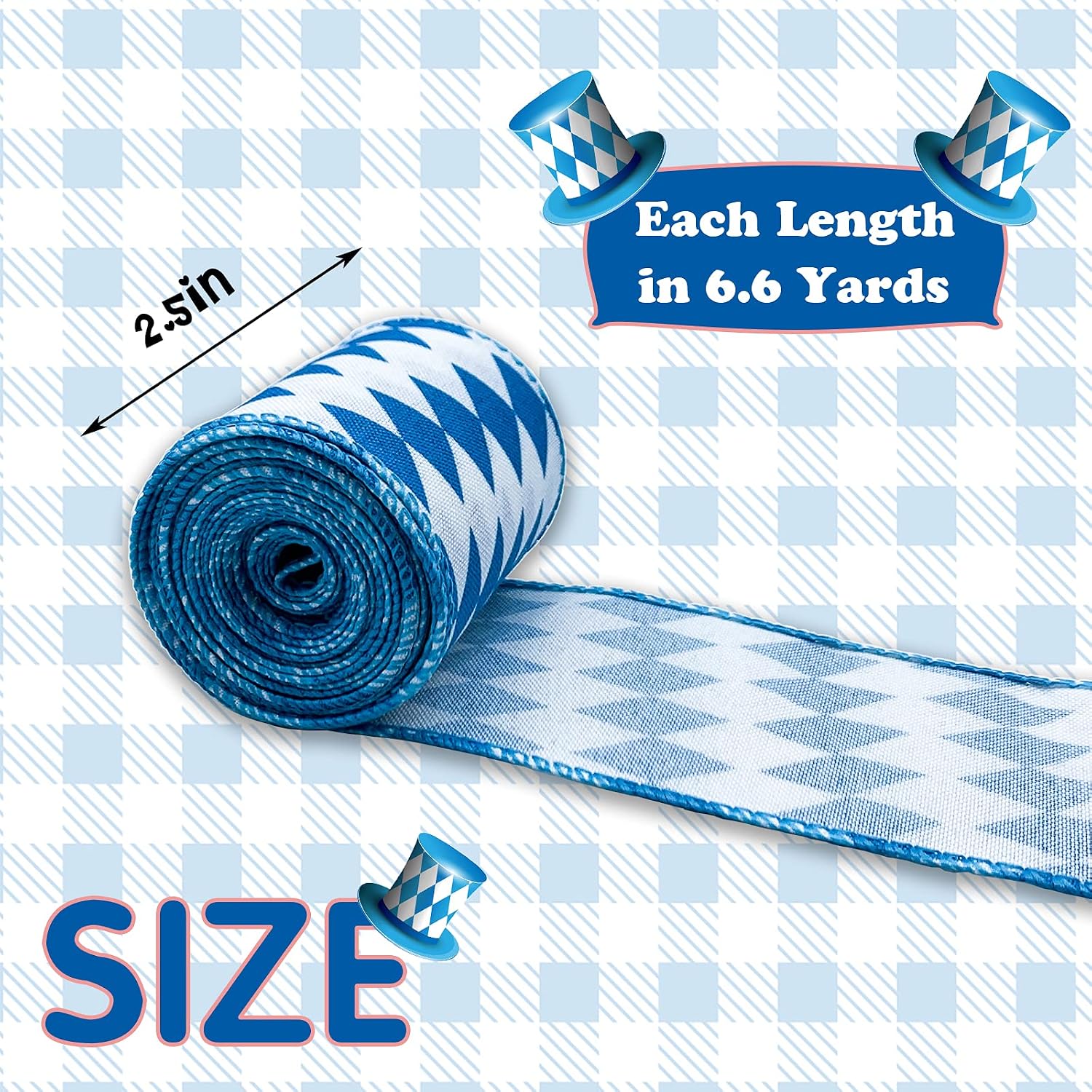 20 Yard Oktoberfest Wired Edge Ribbon, 2.5" Blue White Diamond Check Ribbon