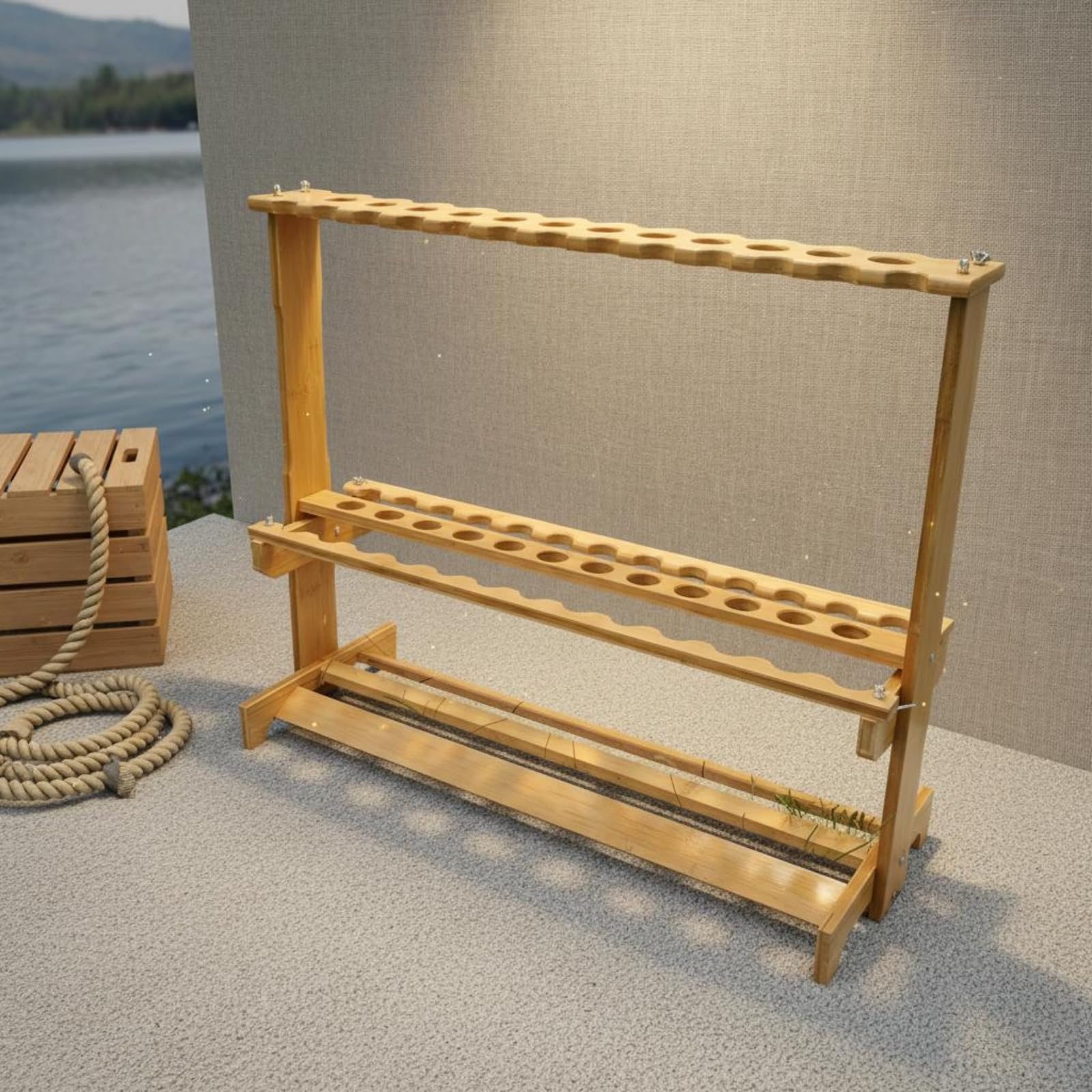 Expositor Cañas Pescar Independiente Portacañas Bambú Rectangular Organizador Vertical Cañas para Tienda, Soporte De Exhibición De Bambú Elevado Y Engrosado De 23 Ranuras