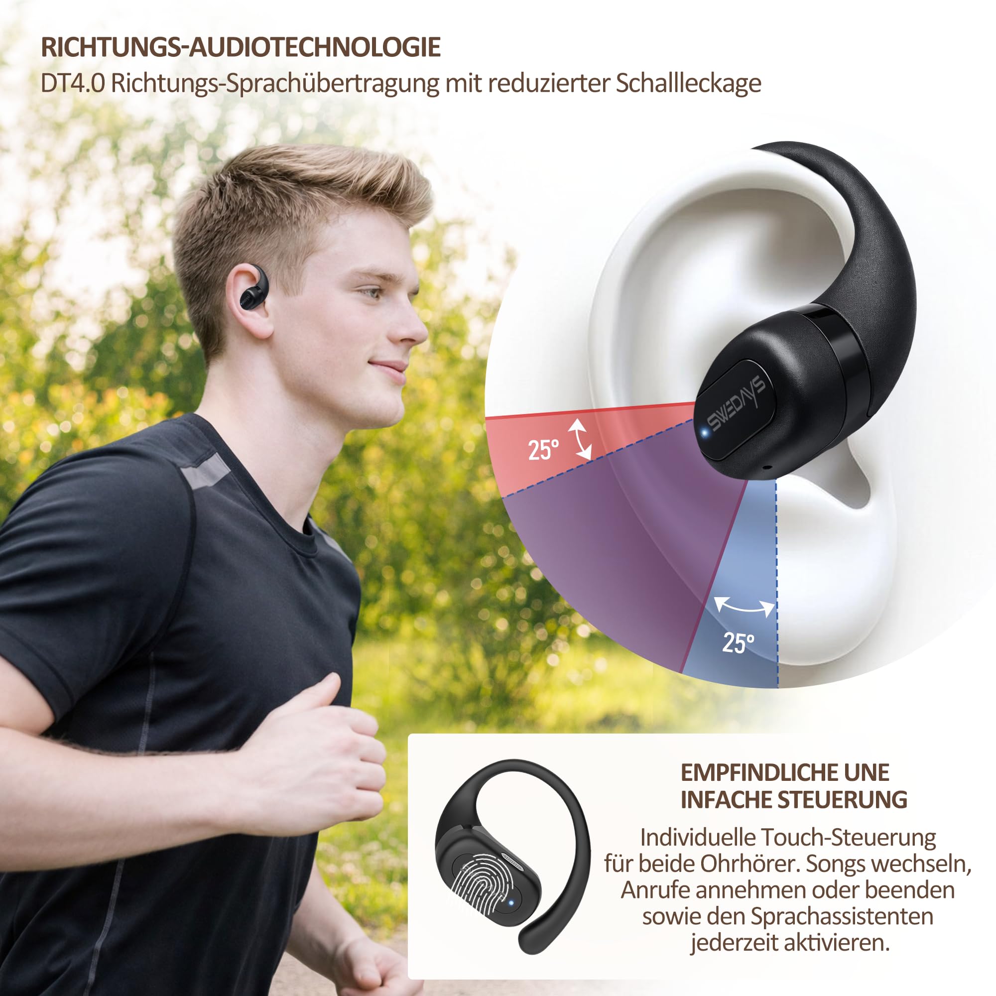 Open-Ear Kopfhörer mit Ohrbügel, Kabellose Bluetooth Kopfhörer Sport mit ENC Noise Cancelling Mic, 40h Akku, IPX5 Wasserfest für Radfahren, Wandern, Laufen & Fitness