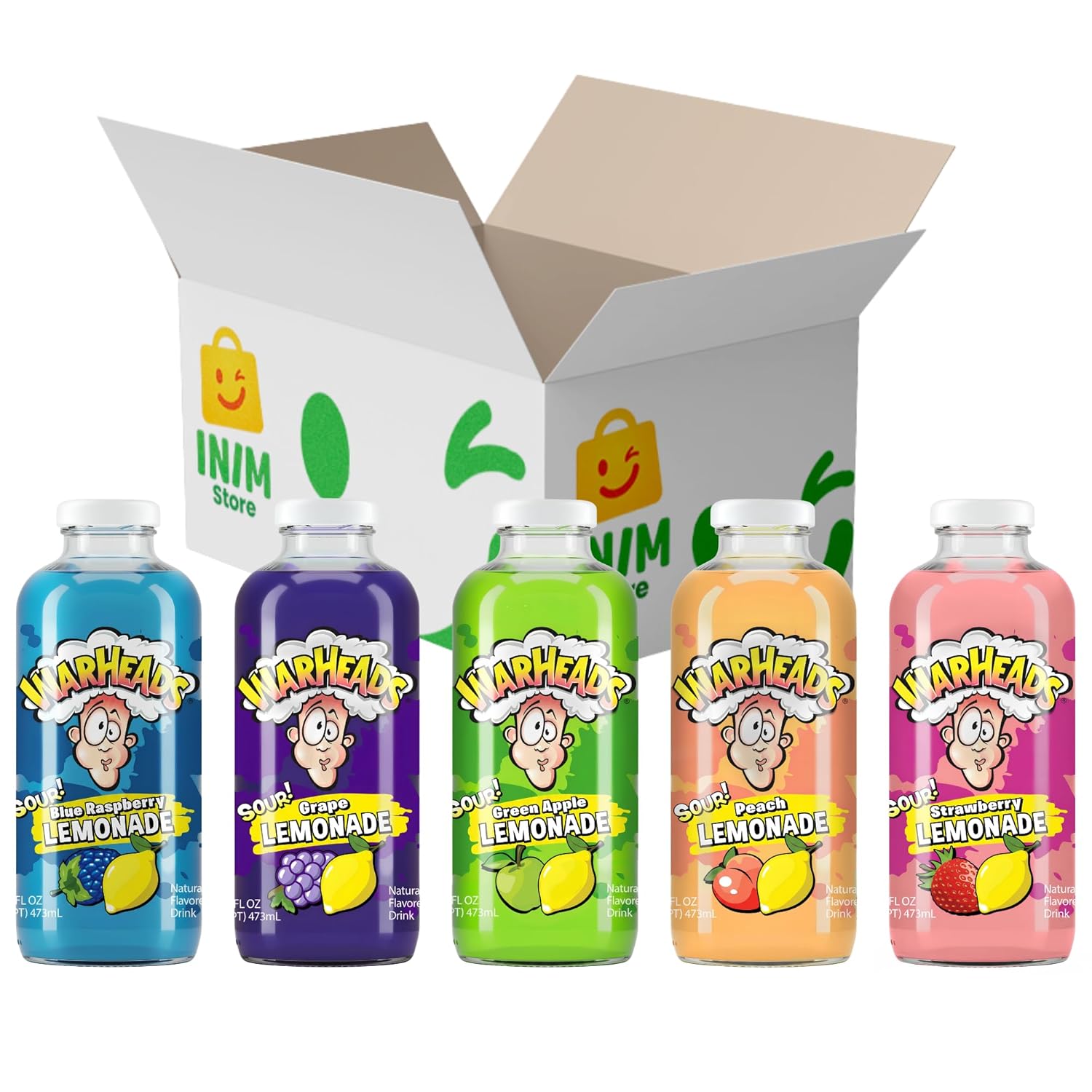 Warheads Sour Lemonade Variety Pack, 5 Bottles, 16 fl oz Each, Assorted Flavored Lemonade Drink, Blue Raspberry, Green Apple, Grape, Peach & Strawberry, By INIM Store
