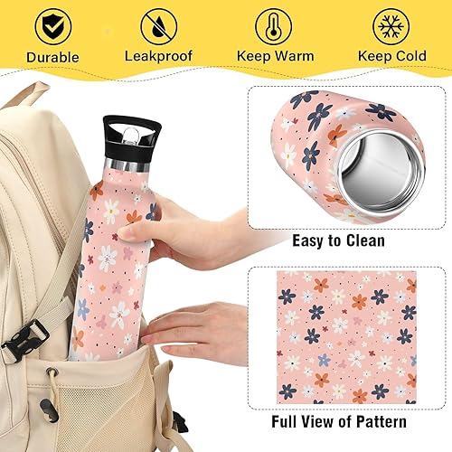 Miniatura 4 de Botella de agua reutilizable con aislamiento de doble pared con diseño de flores para el Día de los Padres, aislada, con tapa de popote, sin BPA, a