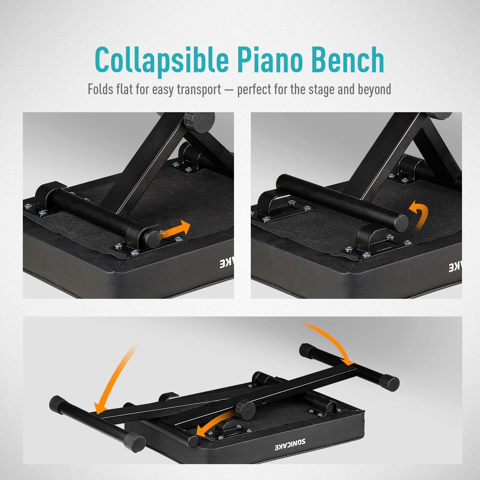 SONICAKE Panchina per Pianoforte Regolabile, Sgabello per Tastiera con Imbottitura Spessa 6 cm, Pieghevole e Portatile per Piano, Organo, Sintetizzatore Nero