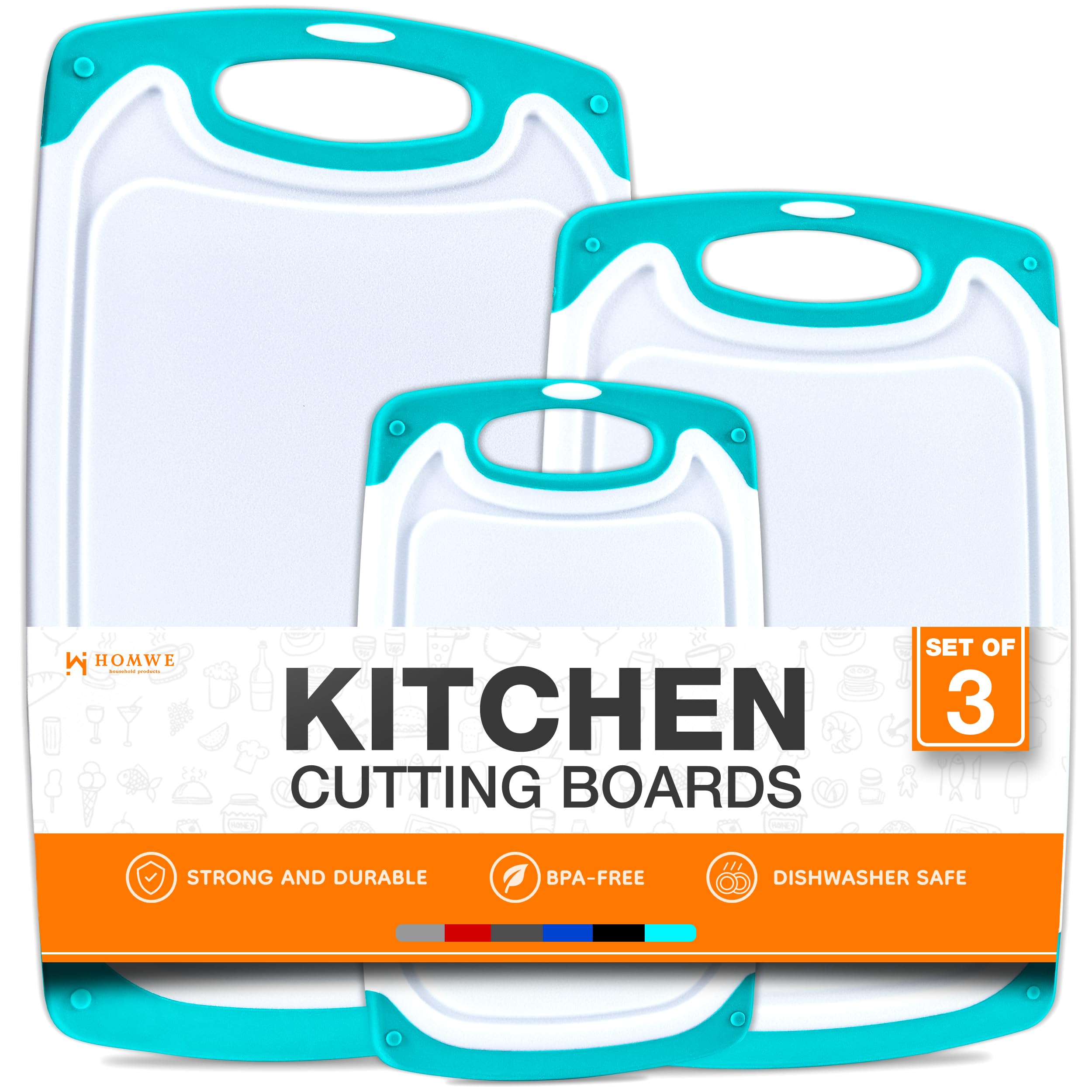 HOMWE Taglieri da cucina senza BPA, confezione da 3 pezzi, con diverse dimensioni e manici antiscivolo, set di taglieri reversibili e grandi, regalo unico per cuochi che hanno tutto, colore: verde