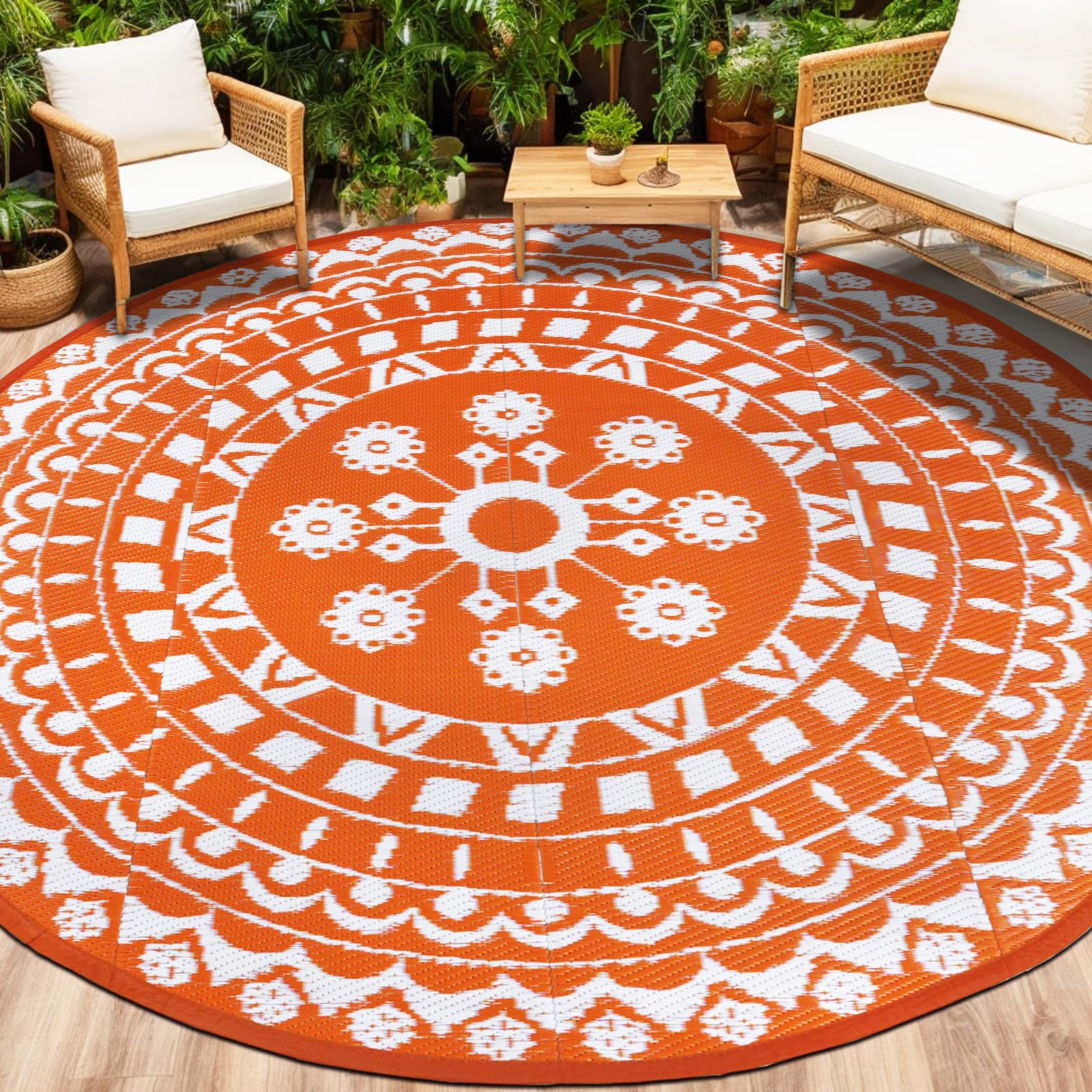 Capslpad 8Ft Round Outdoor Rug for Patios Clearance Reversible Mat Plastic Straw Patio Rugs Lightweight RV Camping Mat Circle Outside Area Rug Carpet for Balcony Deck Trailer Picnic BBQ, Orange — image 1