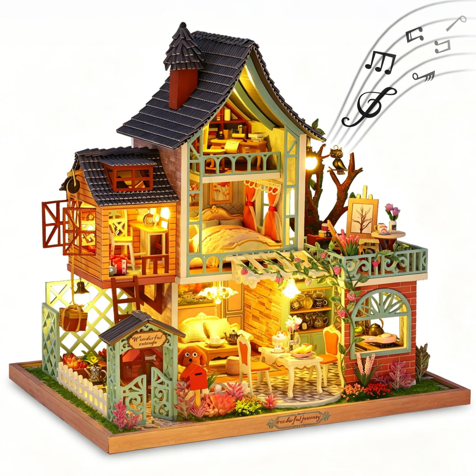 Cuteefun Maquette Maison Miniature pour Adulte -Charmant Cottage Vert | avec Boîte à Musique LED Lumières et Outils, DIY Maison de Poupée Miniature Bois en Kit, Cadeau Artisanal et Créatif