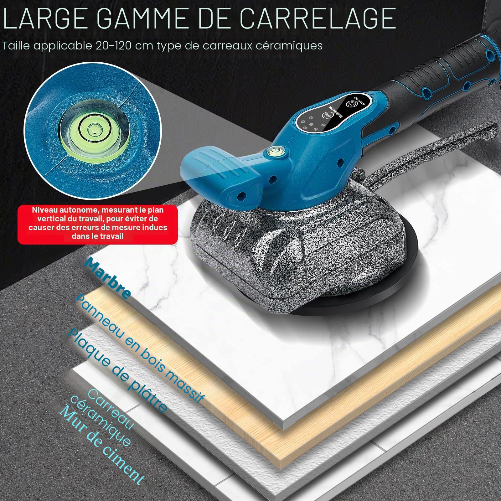 Vibreur Carrelage Ventouse Carrelage Sans Fil, Compatible Avec Batterie Paddock 18v, 12000 Tr/Min, Aspiration 100kg, Pour Carreaux De 0,2-1,2m, Vitesse Réglable En 5 Vitesses (Sans Batterie)