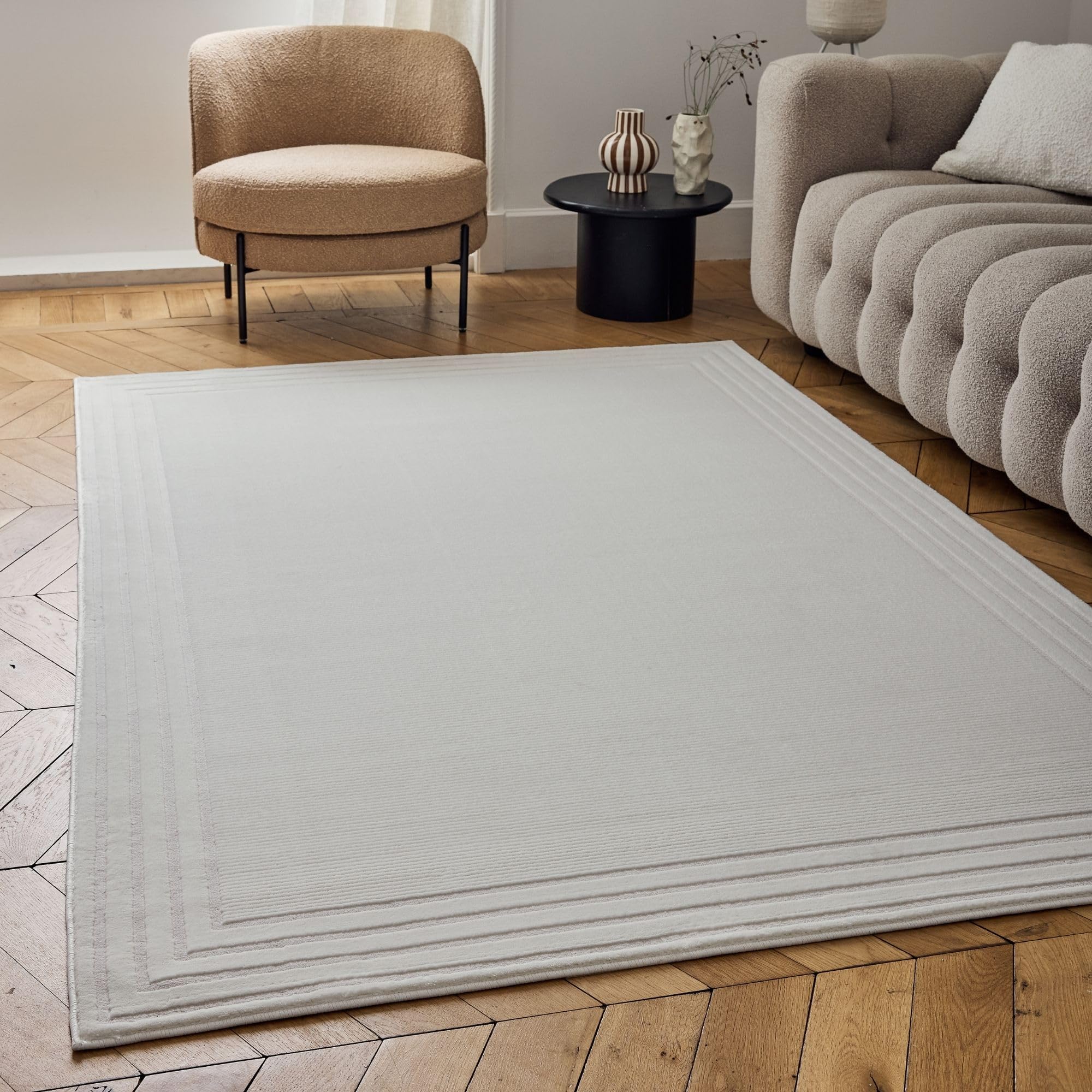 THE RUGS Carmel Modern Area Rug - Stain-Resistant, Non-Shedding, Durable Rugs for Living Room and Bedroom [ Bordered Cream, 160x230 cm ]