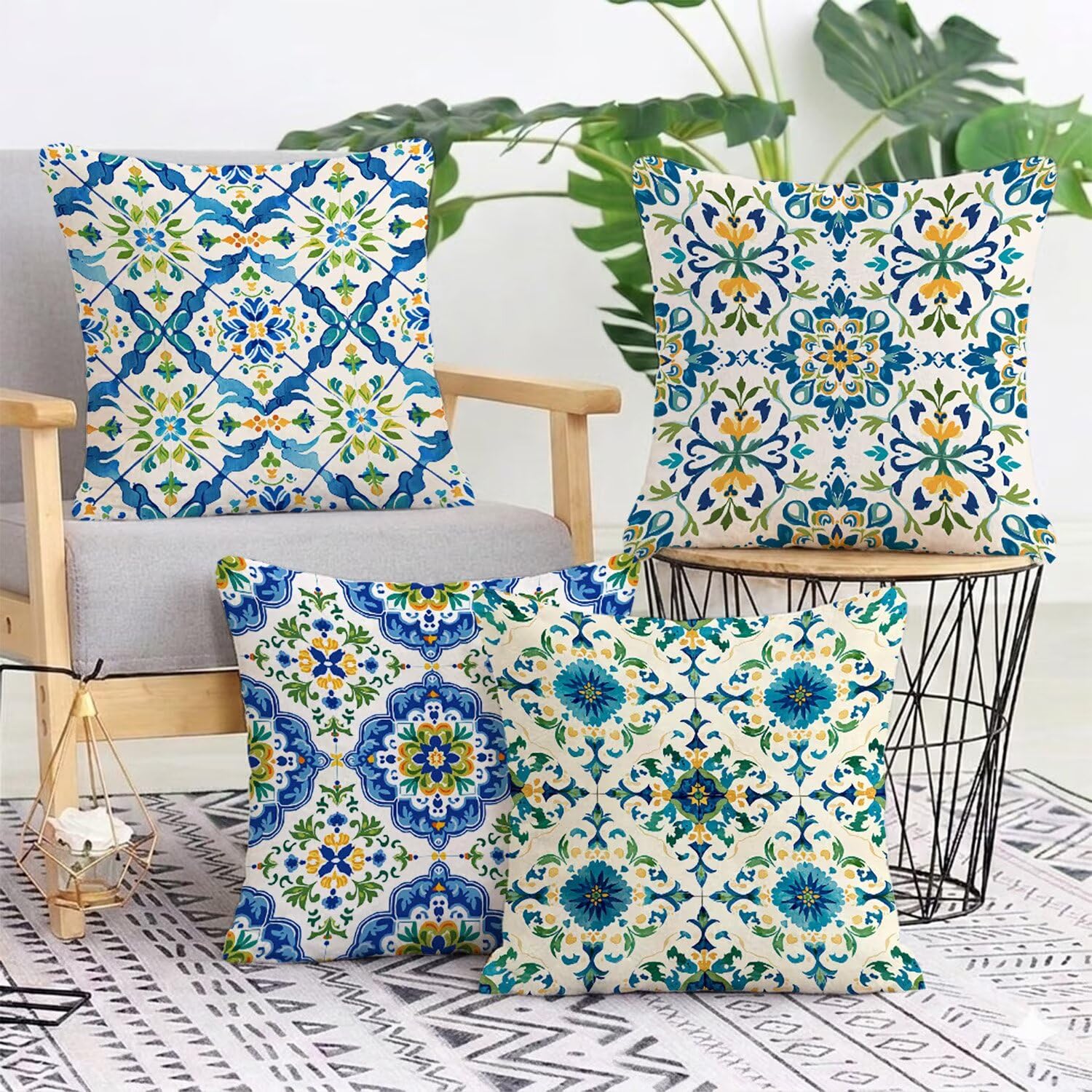 Federe Cuscini Divano 65x65 cm in Peluche Corto Boho, 4 Pezzi Copricuscino Divano con Cerniera Invisibile, Cuscini da Esterno Decorativi per Casa Giardino Soggiorno Camera da Letto Blu L-G670