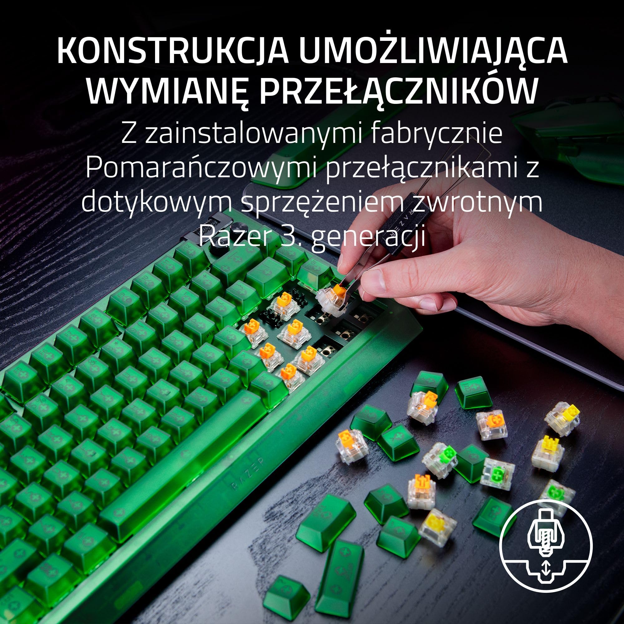 Razer BlackWidow V4 75% Phantom Green Edition - mechanicznej klawiatury do gier z możliwością wymiany podczas pracy (przełączniki dotykowe, rolka multimedialna) Układ US | Phantom Green