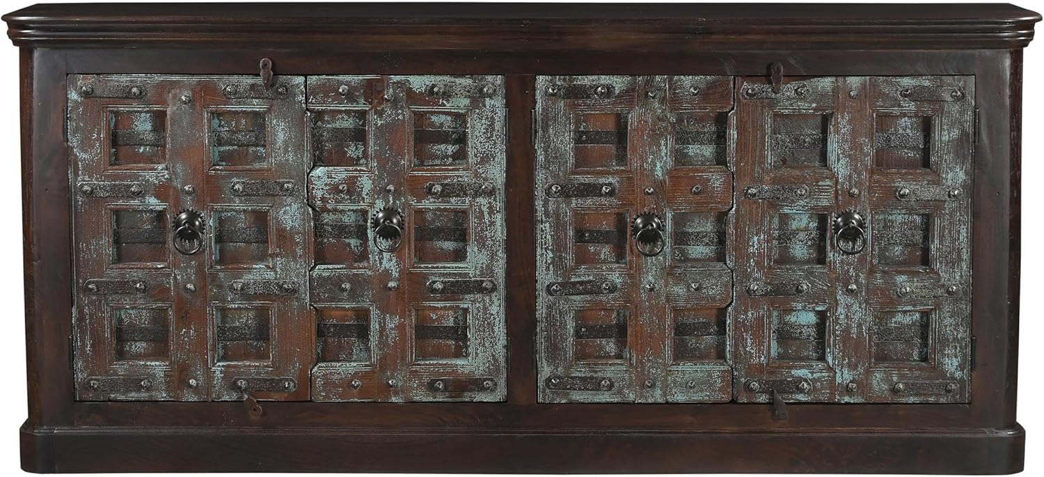 Dark Brown Carved Lattice 4-Door Solid Wood Sideboard Storage Cabinet