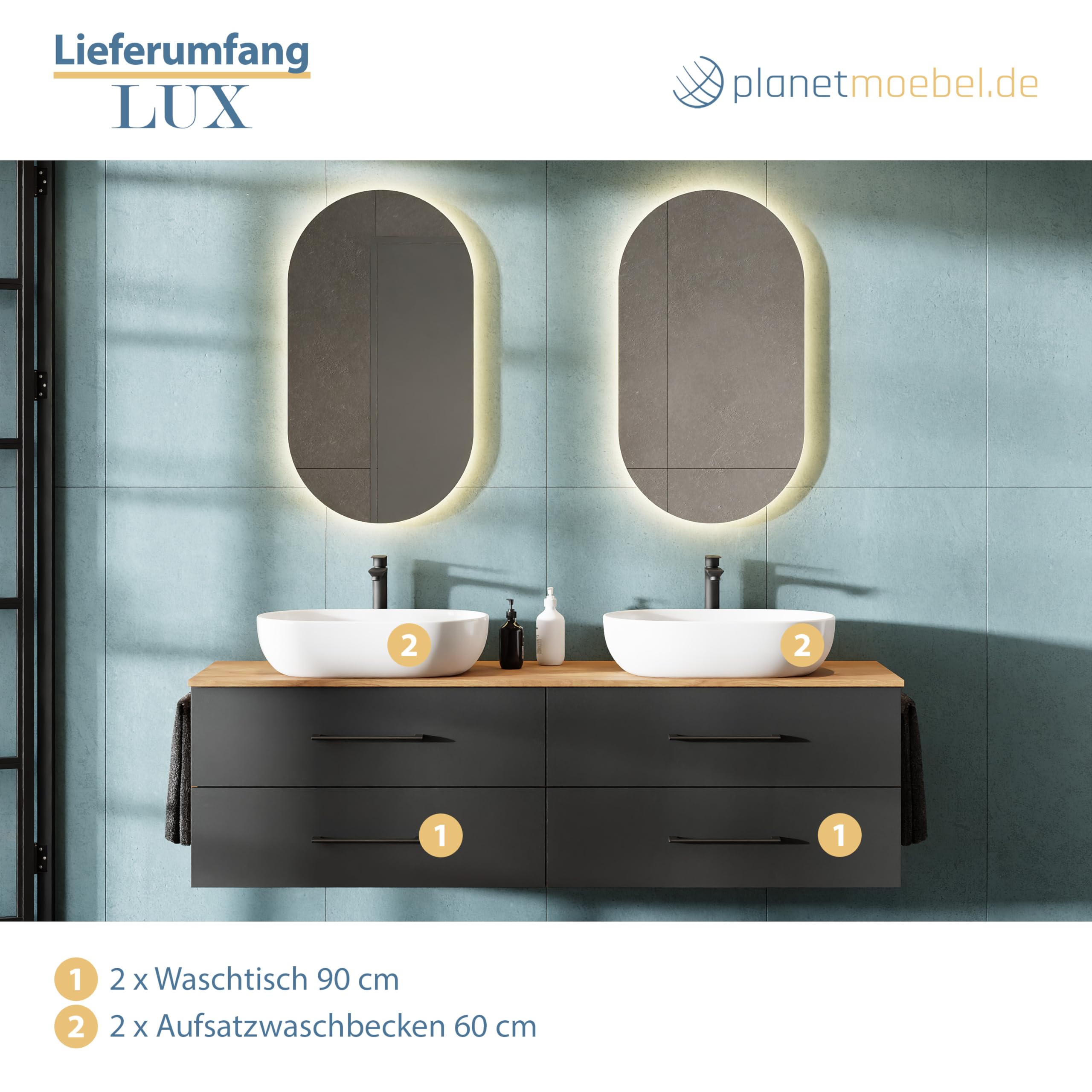 Mobile bagno sospeso 140 cm nero satinato con lavabo doppio e specchio