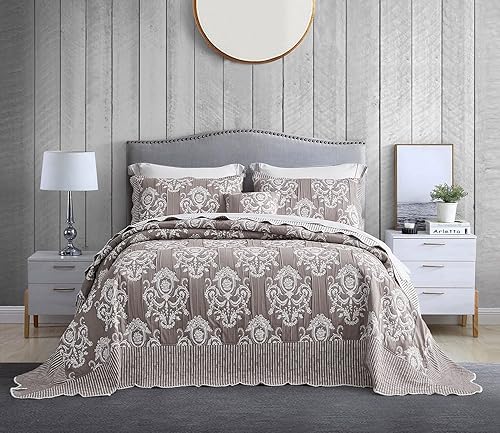 Miniatura 2 de HZ & HY Colcha extragrande tamaño King, diseño de damasco jacquard matelasse, ligera, reversible, 5 piezas, 100% microfibra, KingCal King, marrón