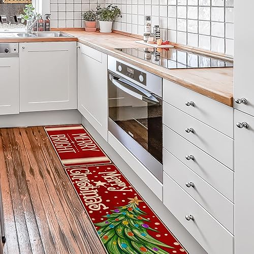 Miniatura 4 de Juego de 2 tapetes de cocina con texto en inglés "Merry Christmas", antideslizantes, lavables, estilo granja, decoración para el hogar, cocina,