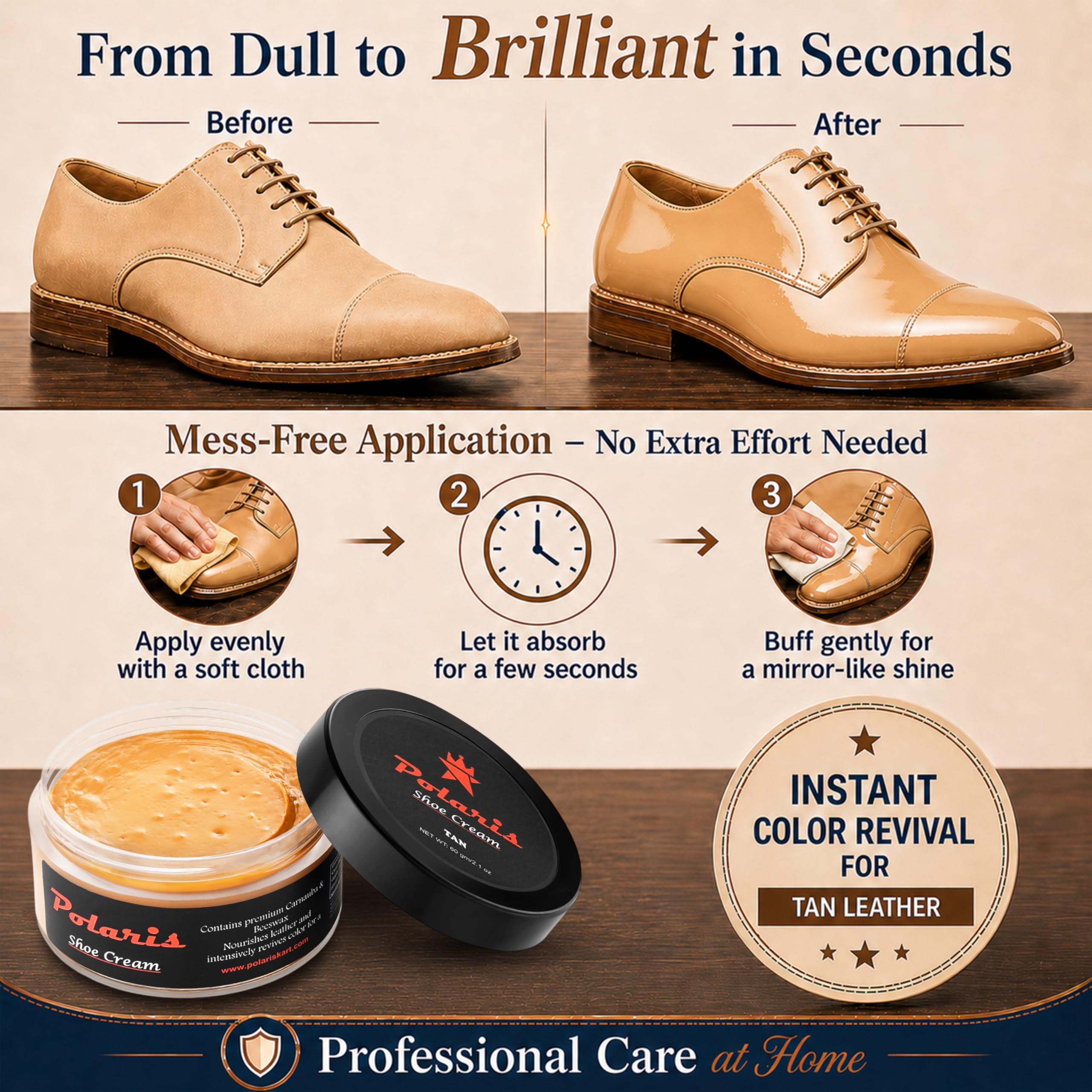 polaris Shoe Cream Tan 60gm | Premium Leather Shoe Polish & Shoe Shine Cream | Long Lasting Leather Conditioner Shoes & Shoe Color Restorer for Formal Shoes, Boots, Bags & Belts 1