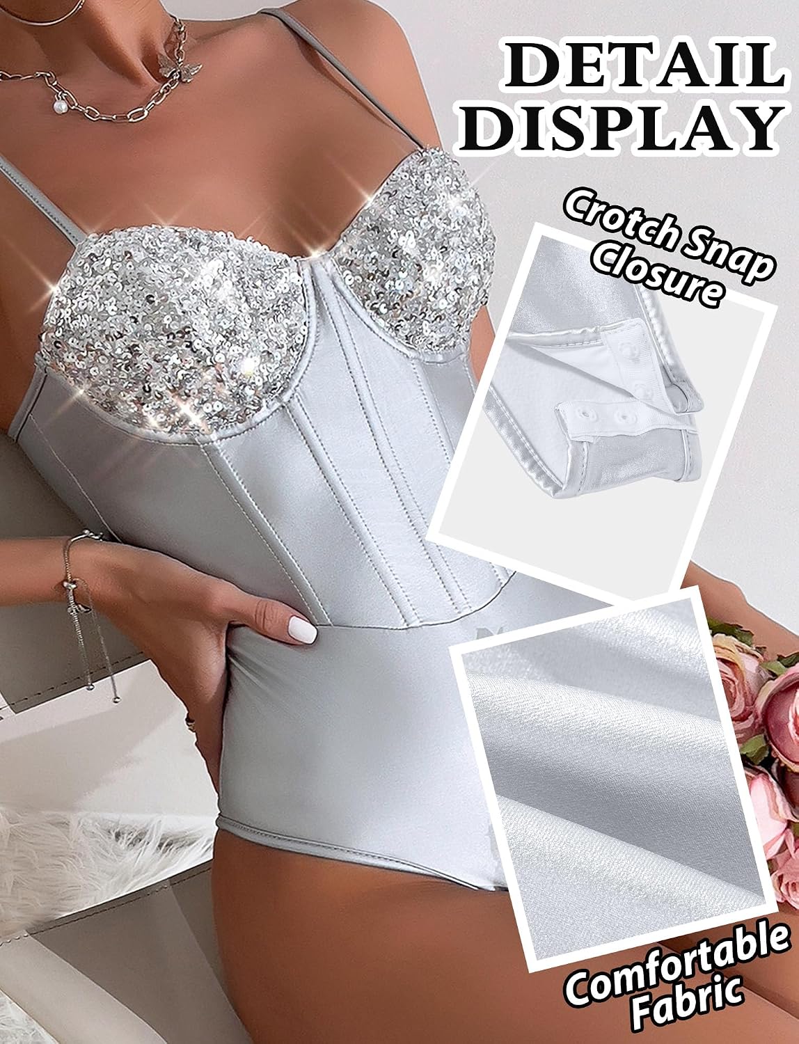 FEOYA Women Sparkle Bodysuit Top Sequin Shiny Leotard Boned Corset Body Suits for Going Out Club Party