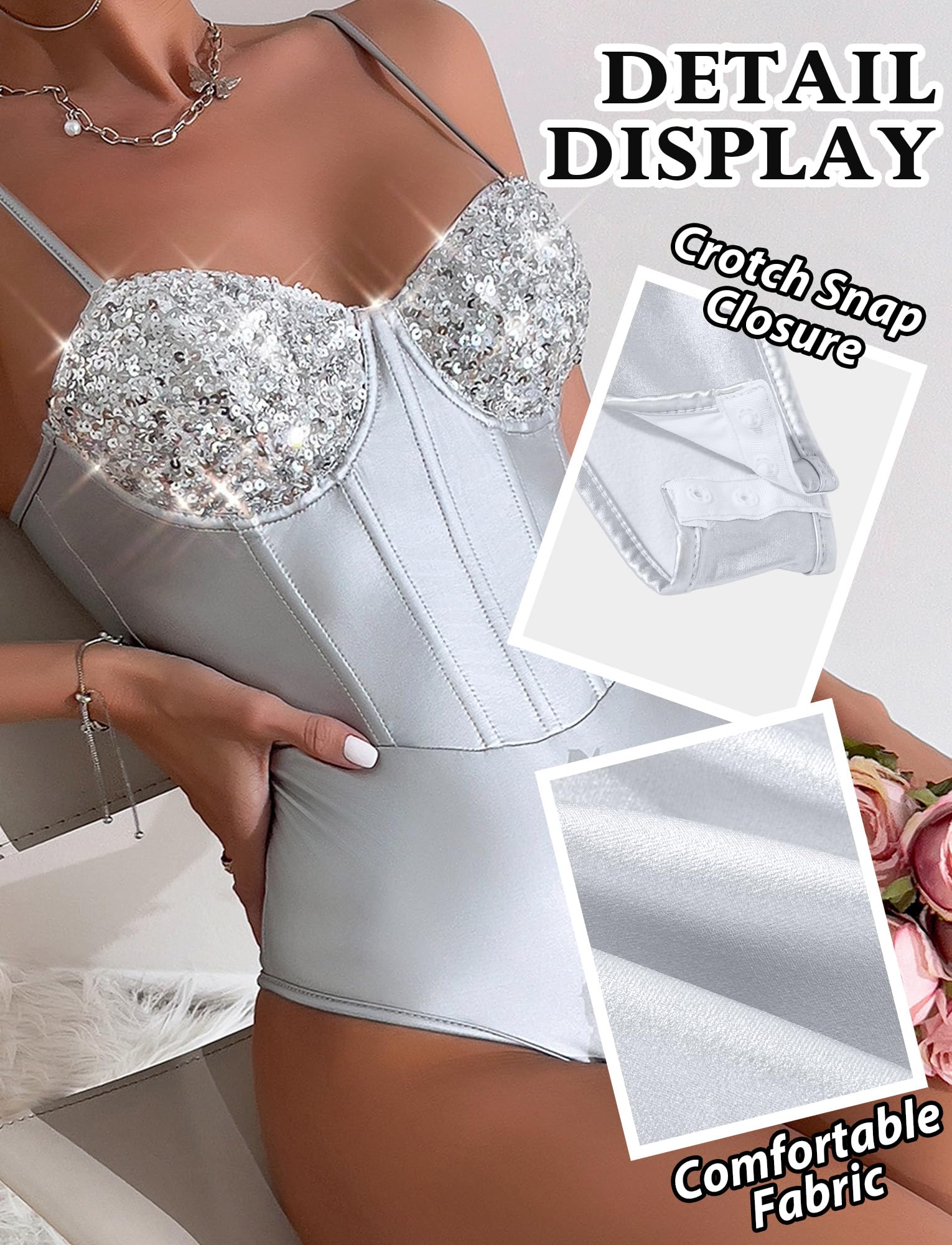 Maeau - Body Corsetto metallico con paillettes lucido per donna Lingerie Bodysuit Top Party Club XS-XL