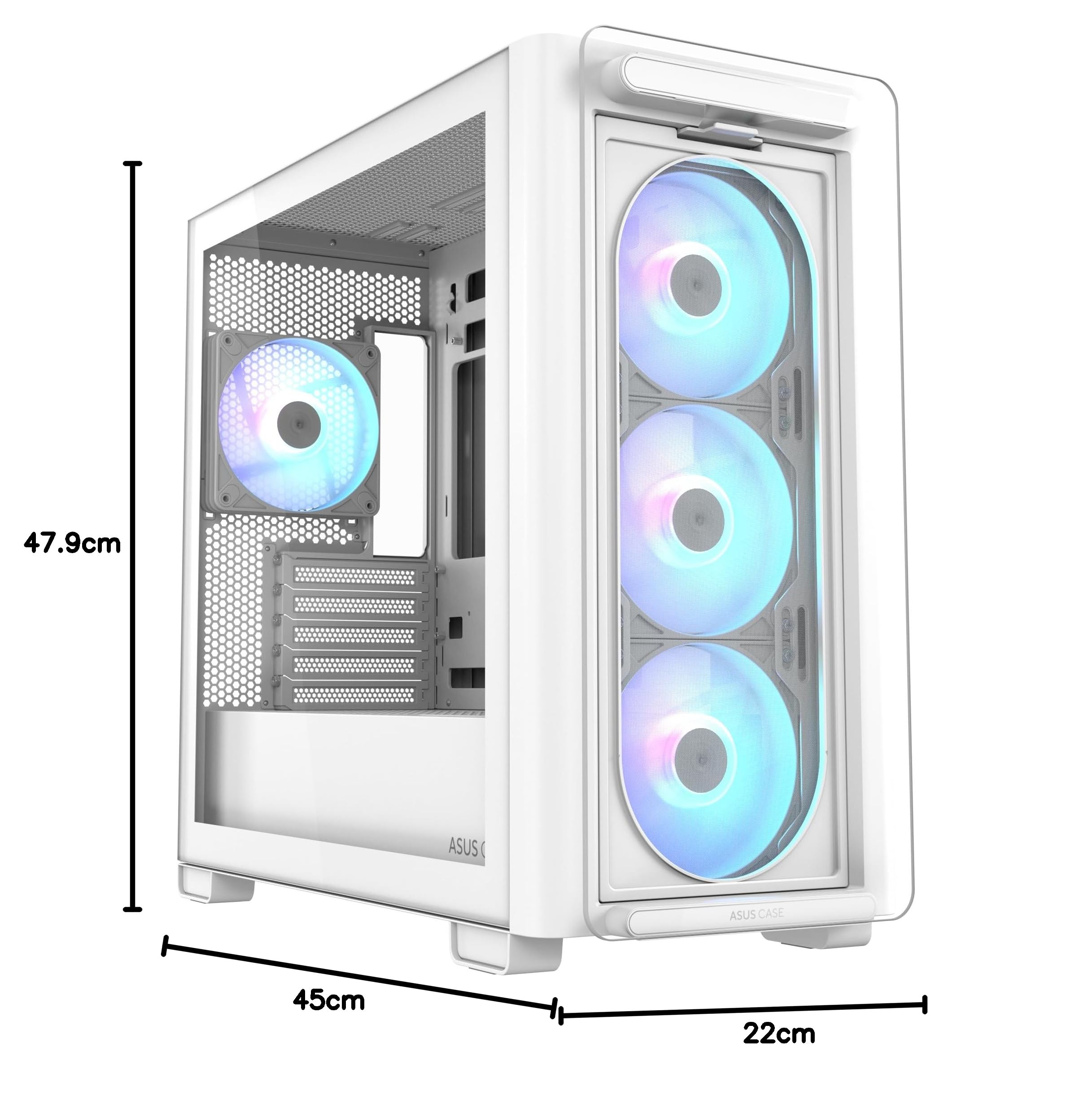 ASUS A23 Plus TG ARGB White microATX obudowa PC (fabrycznie zainstalowany wentylator ARGB, panel przedni z siateczki, kompatybilna z płytami głównymi z ukrytymi złączami, grzejnikami 360 mm, kartami