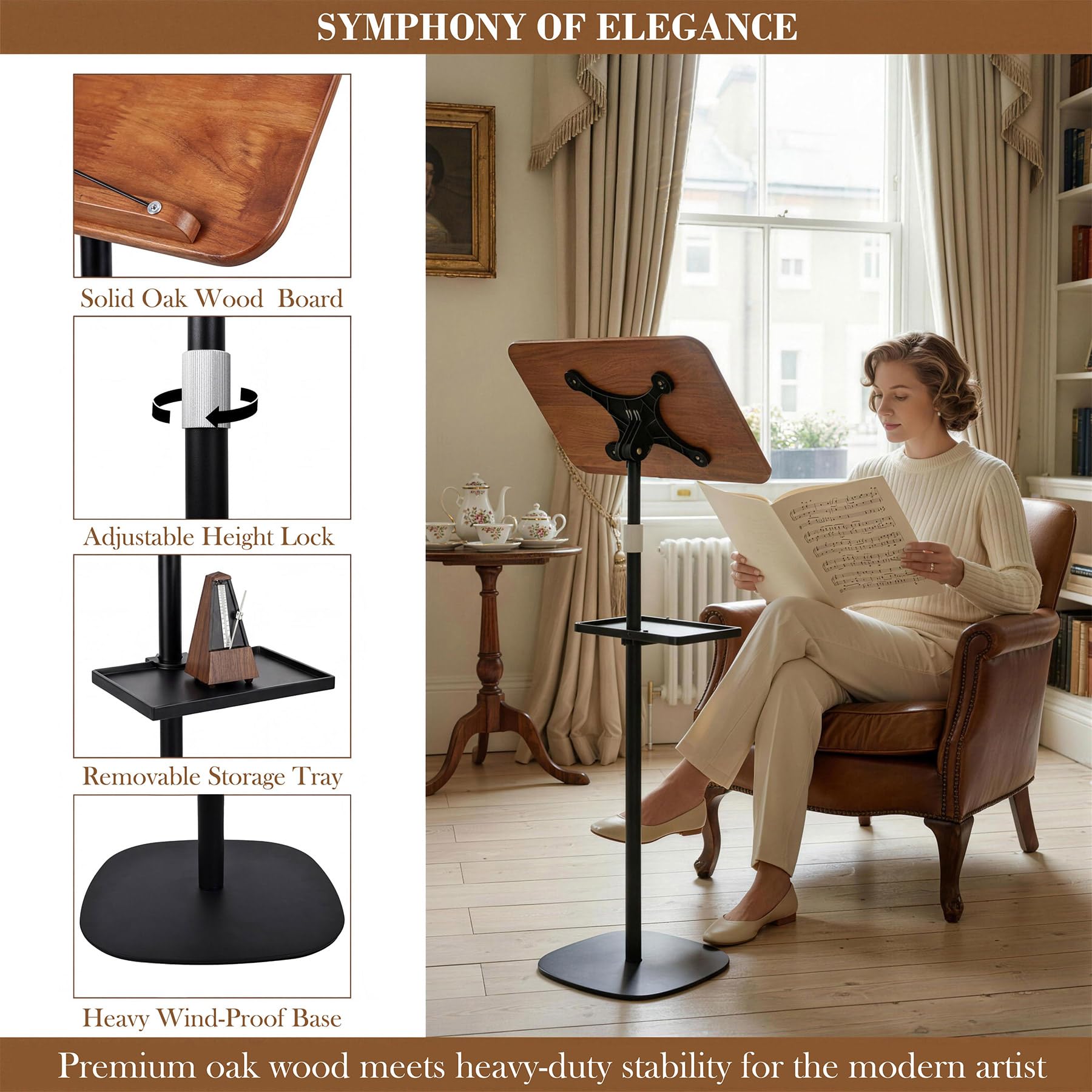 Pupitre pour partitions de musique, hauteur réglable de 60 cm à 140 cm, plateau inclinable à 180°, supports réglables pour s'entraîner à la lecture, au dessin, au travail, base stable pour les
