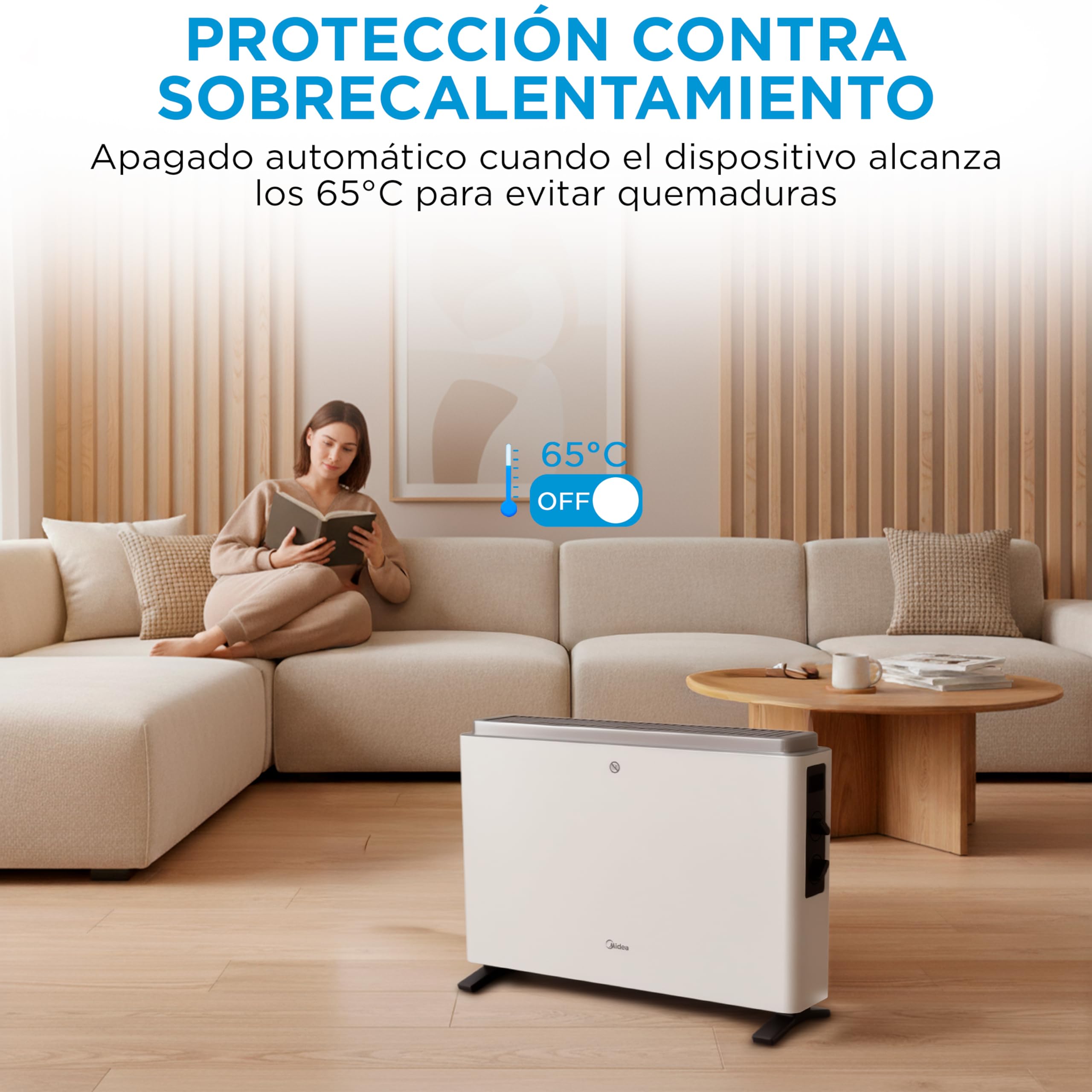 MIDEA Convector Radiador Electrico Bajo Consumo | 2000W | Calefactor Electrico con Termostato Regulable, Estufa eléctrica con 3 Niveles de Potencia, Emisor Térmico con Protección de Sobrecalentamiento
