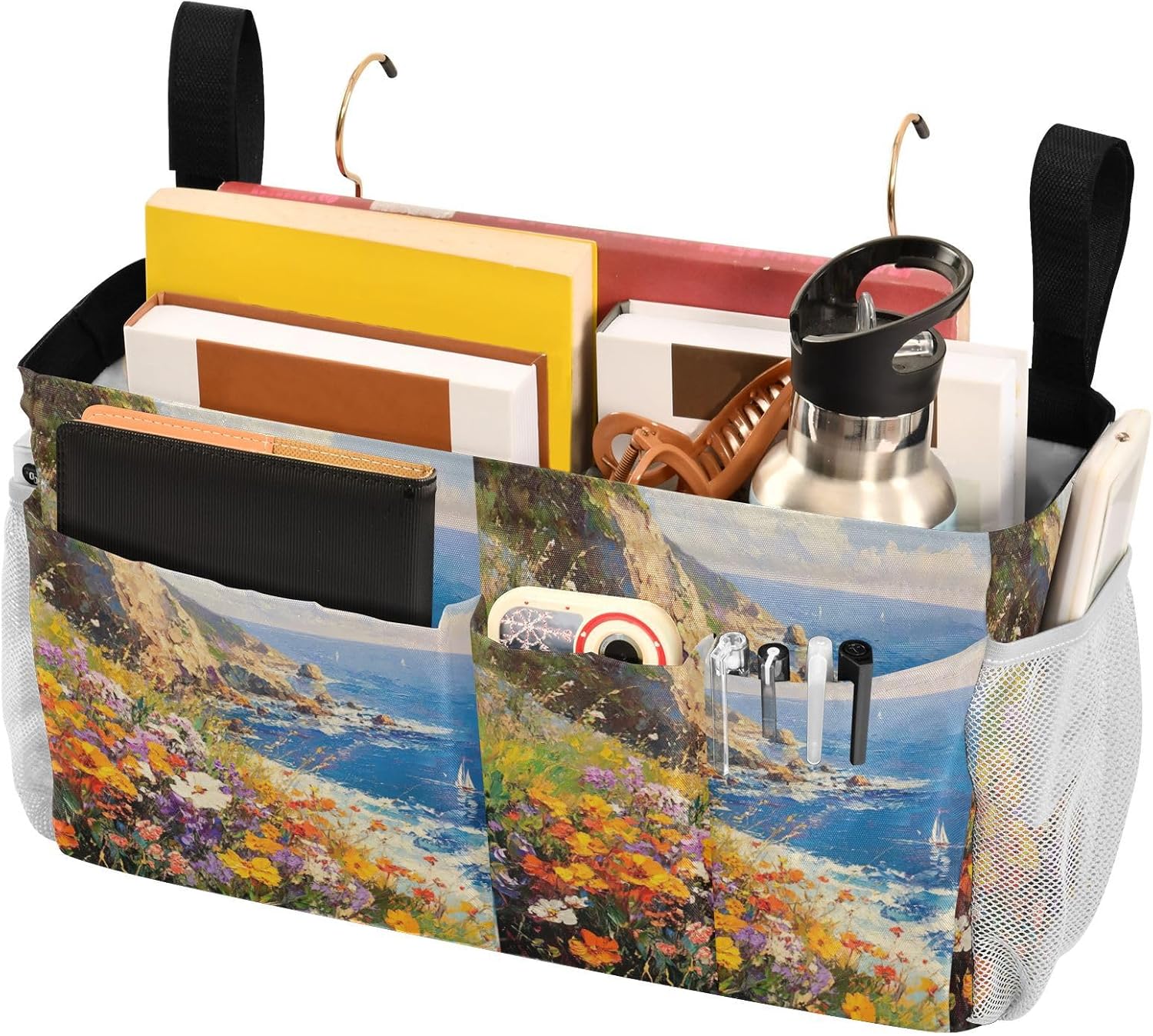 YETTASBIN Art Painting Flower Bedside Caddy Hanging Storage Organizer Bag with 2 Straps & Hooks for Bunk Beds, College Dorm, Hospital Bed - Holder for Books, Phone, Magazine, Glasses, Keys