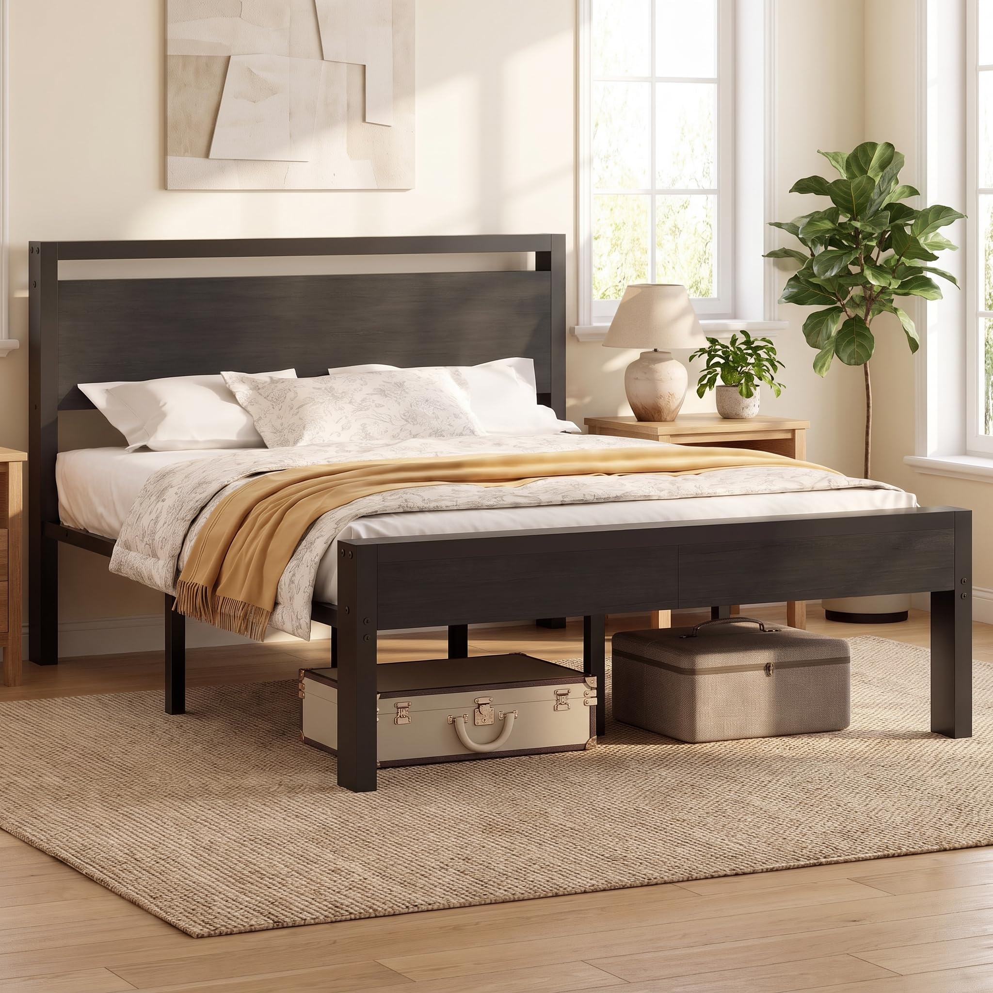 Sweetcrispy 14 Inch Queen Metal Bed Frame with Wood Headboard