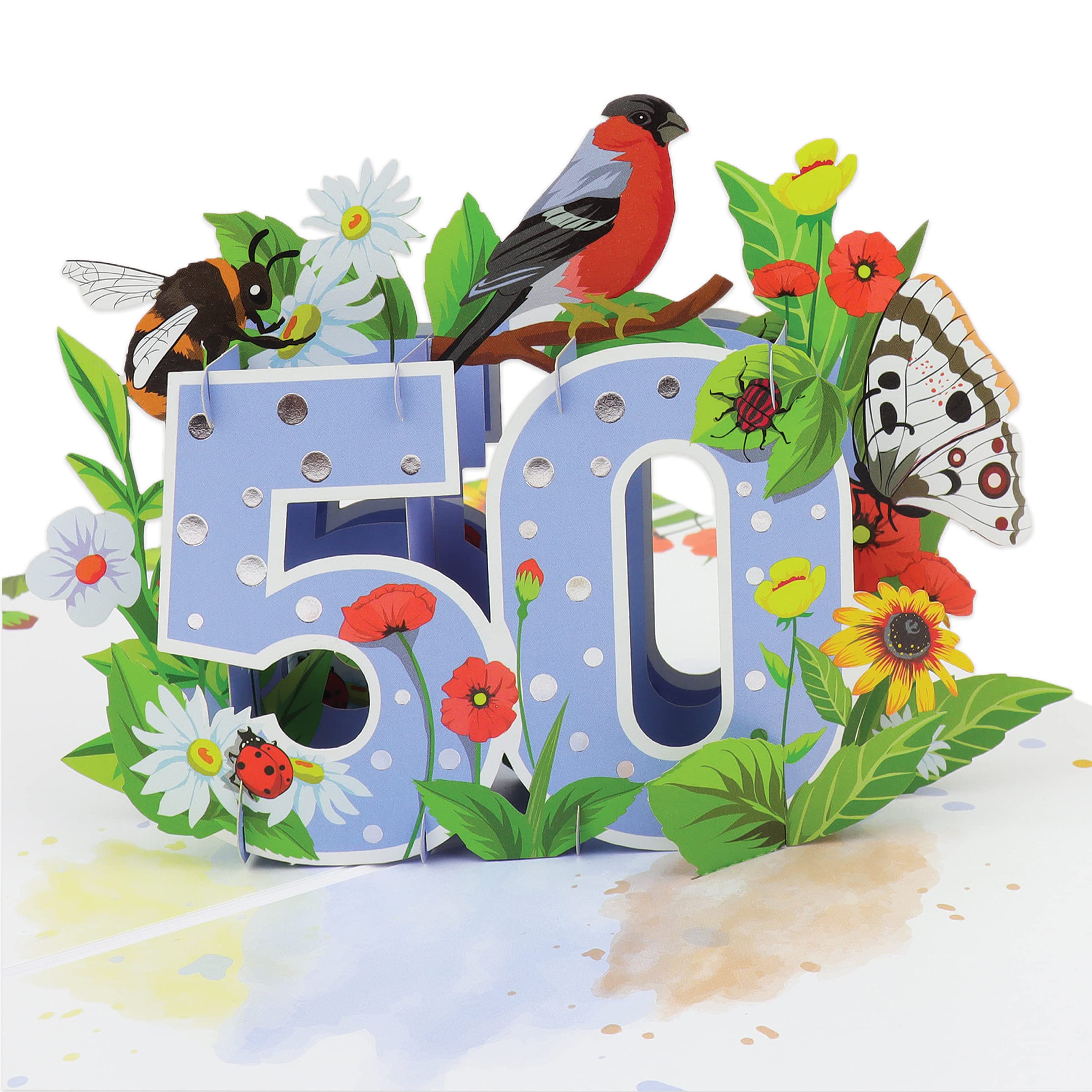 Cardology 50th Birthday Pop Up Card - Floral 50th Birthday Card For Women, 3D Pop Up Greeting Card with Slide-Out Notecard, SKU OFFWQ14SJ1, ASIN B09CPZQ6WF, EAN 5060665443012