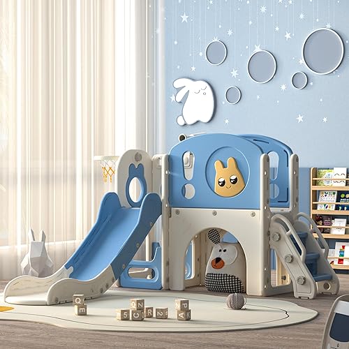 Miniatura 1 de Juego de tobogán y escalador 8 en 1 para niños pequeños, parque infantil con escaleras, túnel, telescopio, almacenamiento, aro de baloncesto y