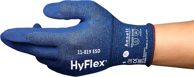Ansell HyFlex 11-819 ESD Guantes industriales con revestimiento de espuma de nitrilo compatibles con pantalla táctil, talla 9 (paquete de 12)