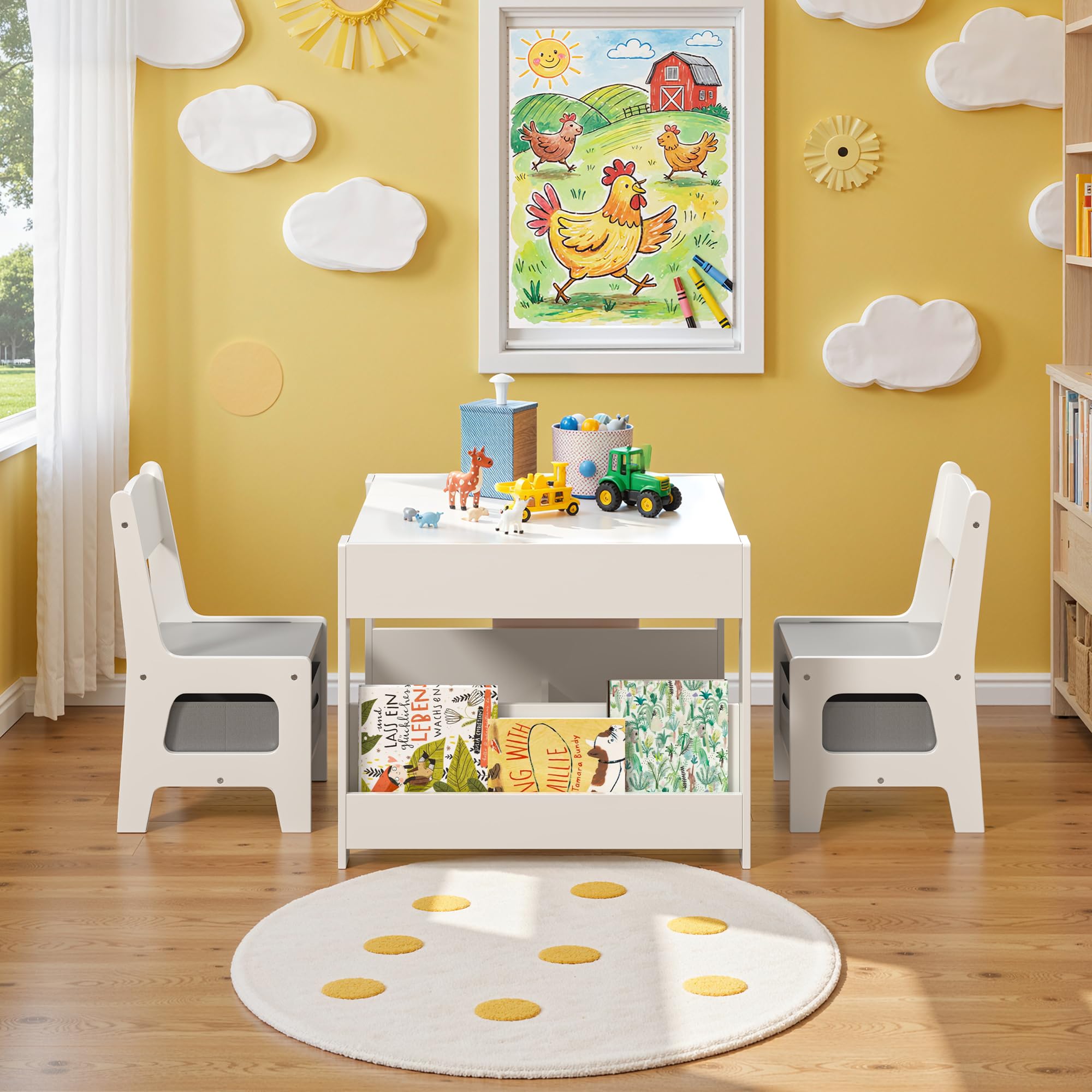 Xbro Mesa y Sillas Infantiles, Mesa con Pizarra y 2 Sillas, Niños Mesa con Reversible, Set de Muebles Infantil, Gris.