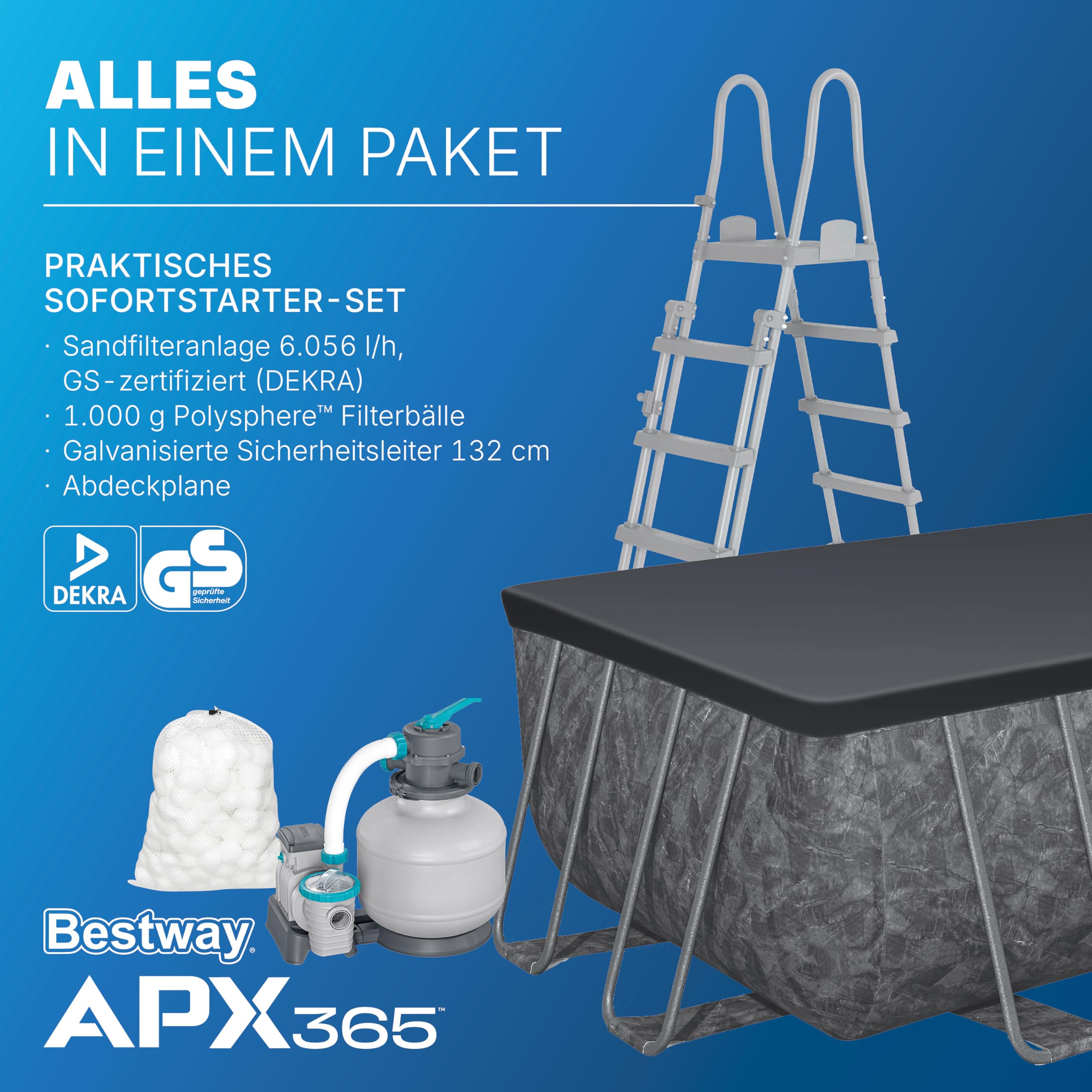 Bestway APX365 Winterfestes Frame Pool Set, Sandfilteranlage, 549 x 274 x 132 cm, 16.477 L, Stahlrahmen, Polar-Shield, Dunkle Marmor-Optik, Sicherheitsleiter, Abdeckplane, Werkzeugloser Aufbau, DEKRA