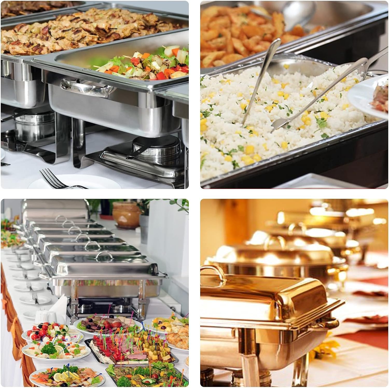Paquete de 4 platos de acero inoxidable de 8 cuartos de galón, plegables, rectangulares, bandeja de alimentos, soporte de combustible y tapa, calentadores de alimentos para fiestas, banquetes,