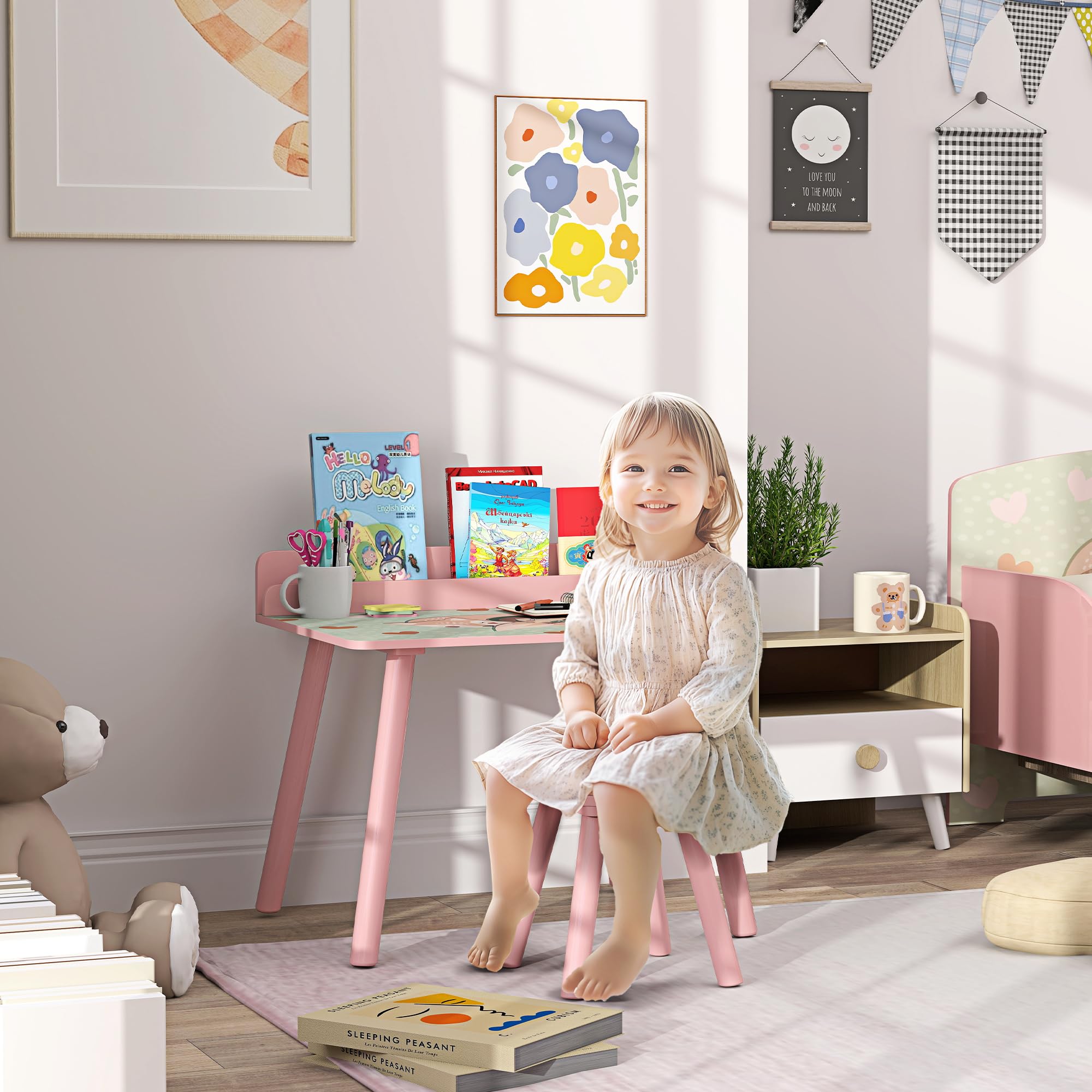 AIYAPLAY Ensemble Table et Chaise Enfant Table pour Enfant avec Chaise avec Porte-Livres Motifs d'ours pour Enfants 3-8 Ans pour Chambre à Coucher, Salon, Salle de Classe, Rose