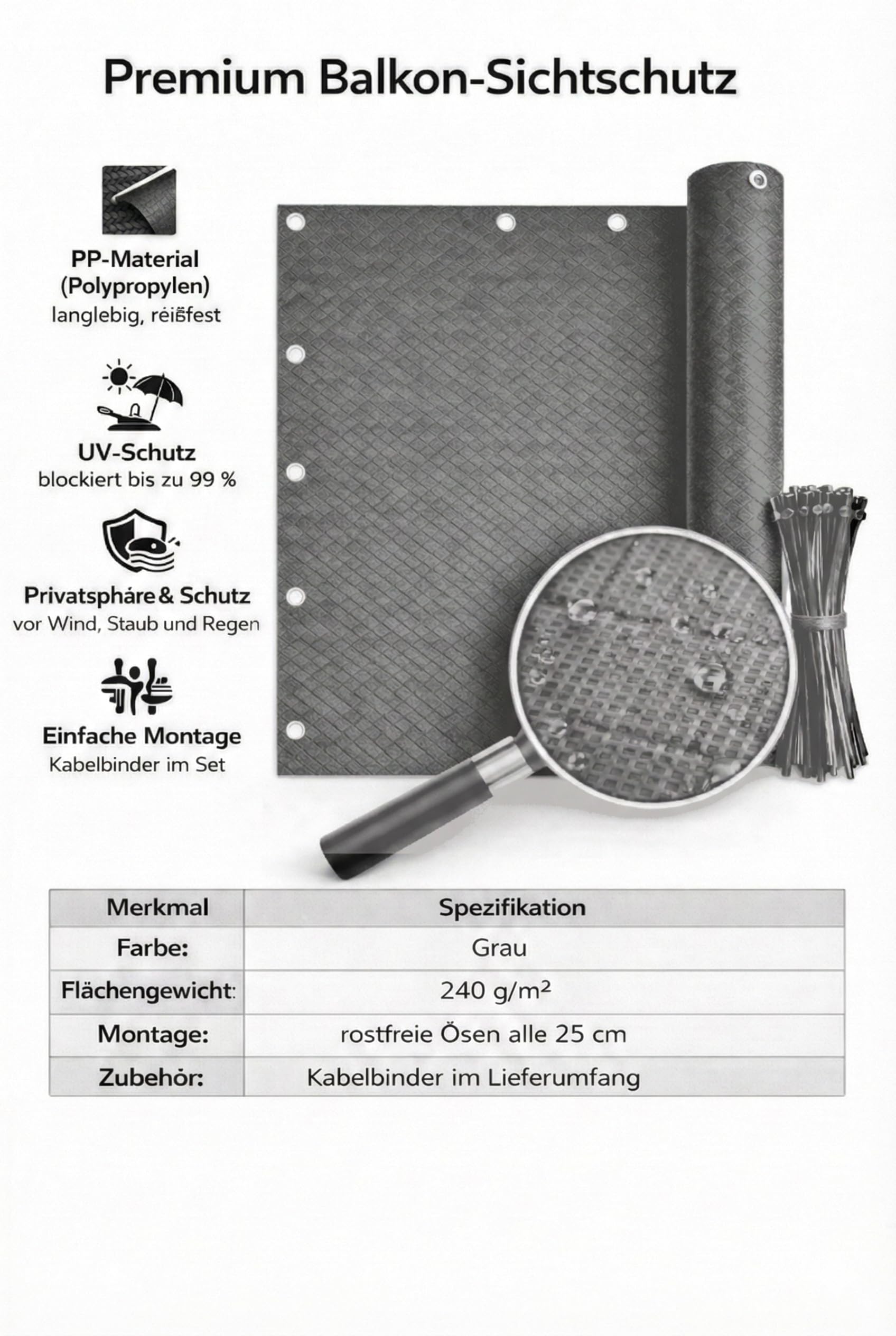 COVER IT Frangivista per Balcone Premium 240 g/m² 80 x 700 cm – Schermo Privacy Grigio