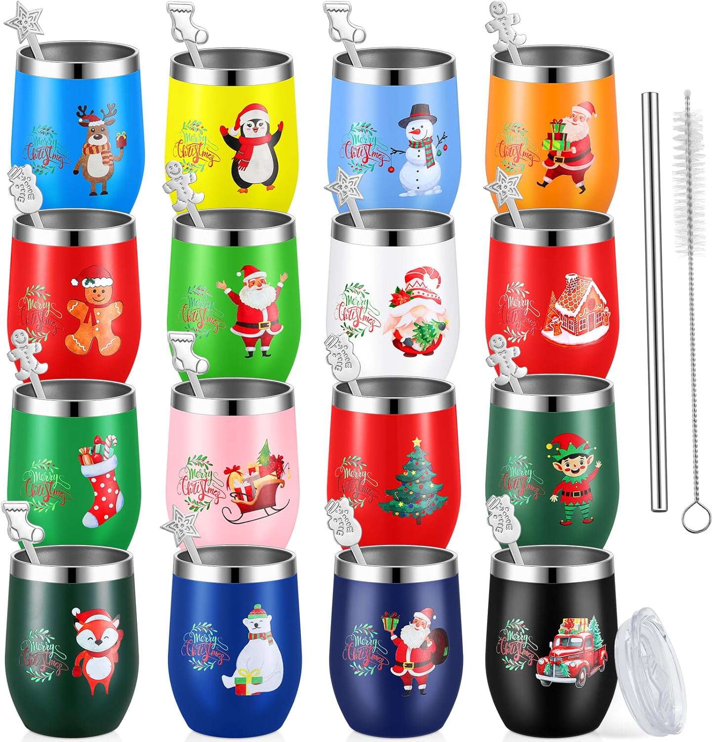 Sliner 16 Pcs Christmas Funny Wine Tumbler Spoon Set 12 Oz Stainless Steel Tumbler with Straw Brush Double Wall Insulated Travel Coffee Mug for Christmas Xmas Party Decorations Holiday Gift (Colorful)
