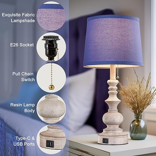 Miniatura 7 de Juego de 2 lámparas de mesa de dormitorio de granja de 22 pulgadas con puertos de carga USB AC, lámparas de mesa auxiliar pequeñas para mesas