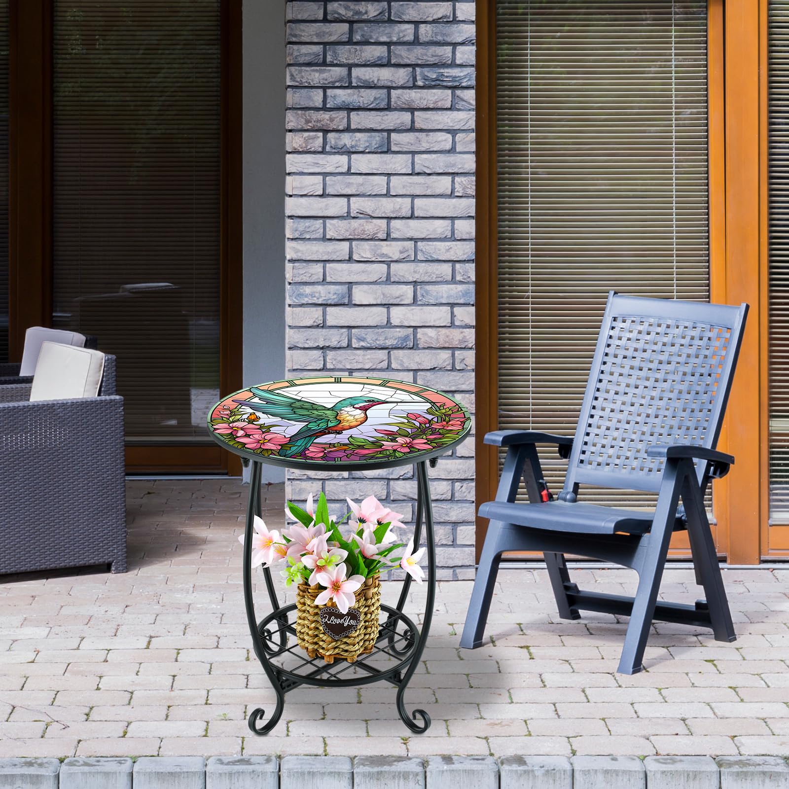 Mesa auxiliar redonda para exteriores, mosaico pequeño, decoración de patio, planta interior, mesa de té de metal para patio, porche, jardín, patio, sala de estar, dormitorio (estilo colibrí 6