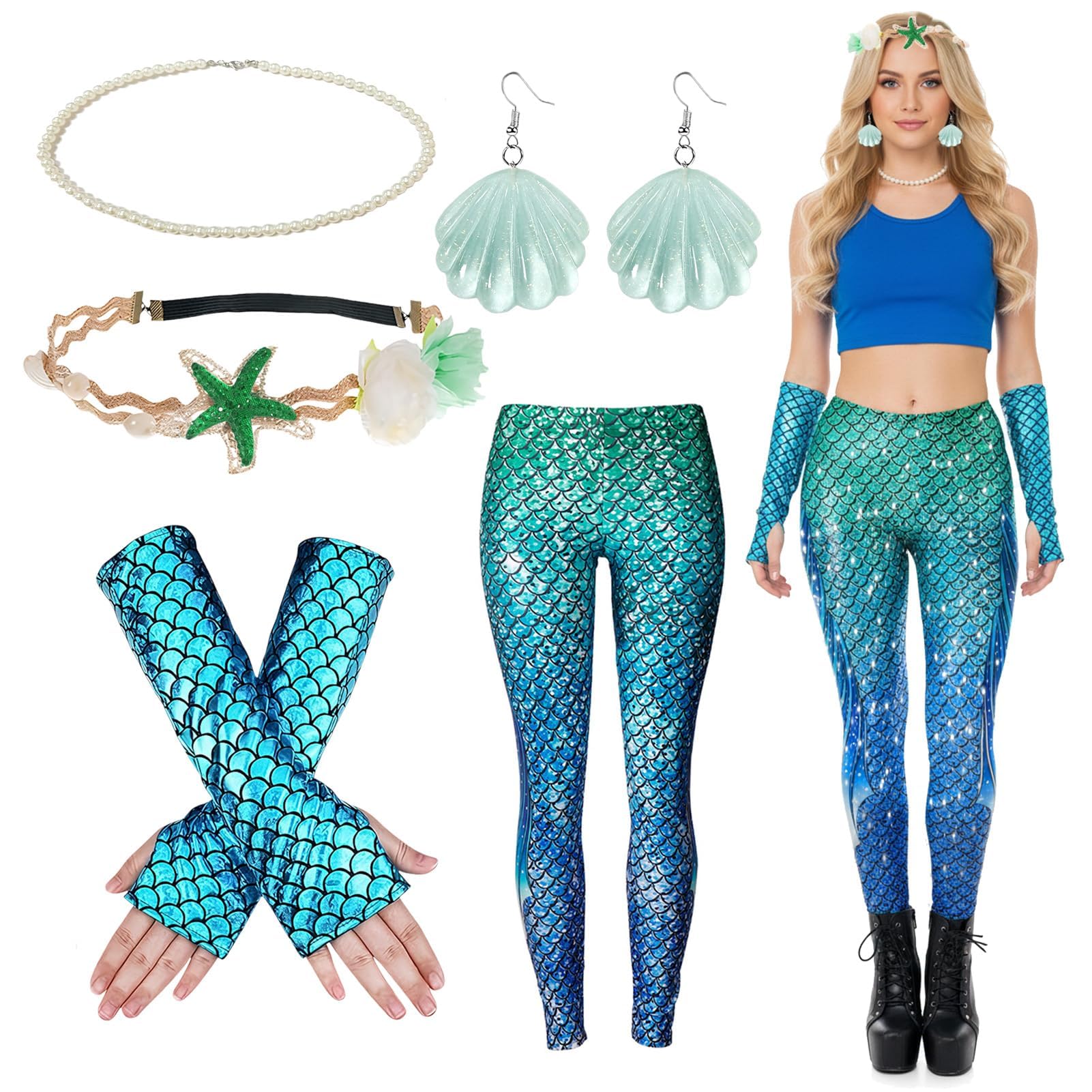 Meanju Leggings a Forma di Sirena, Costume da Sirena da Donna e Ragazza, Cerchietto Capelli Guanti Orecchini a Forma di Conchiglia Collane di Perle, per Costume di Carnevale,Giochi di Ruolo,Feste