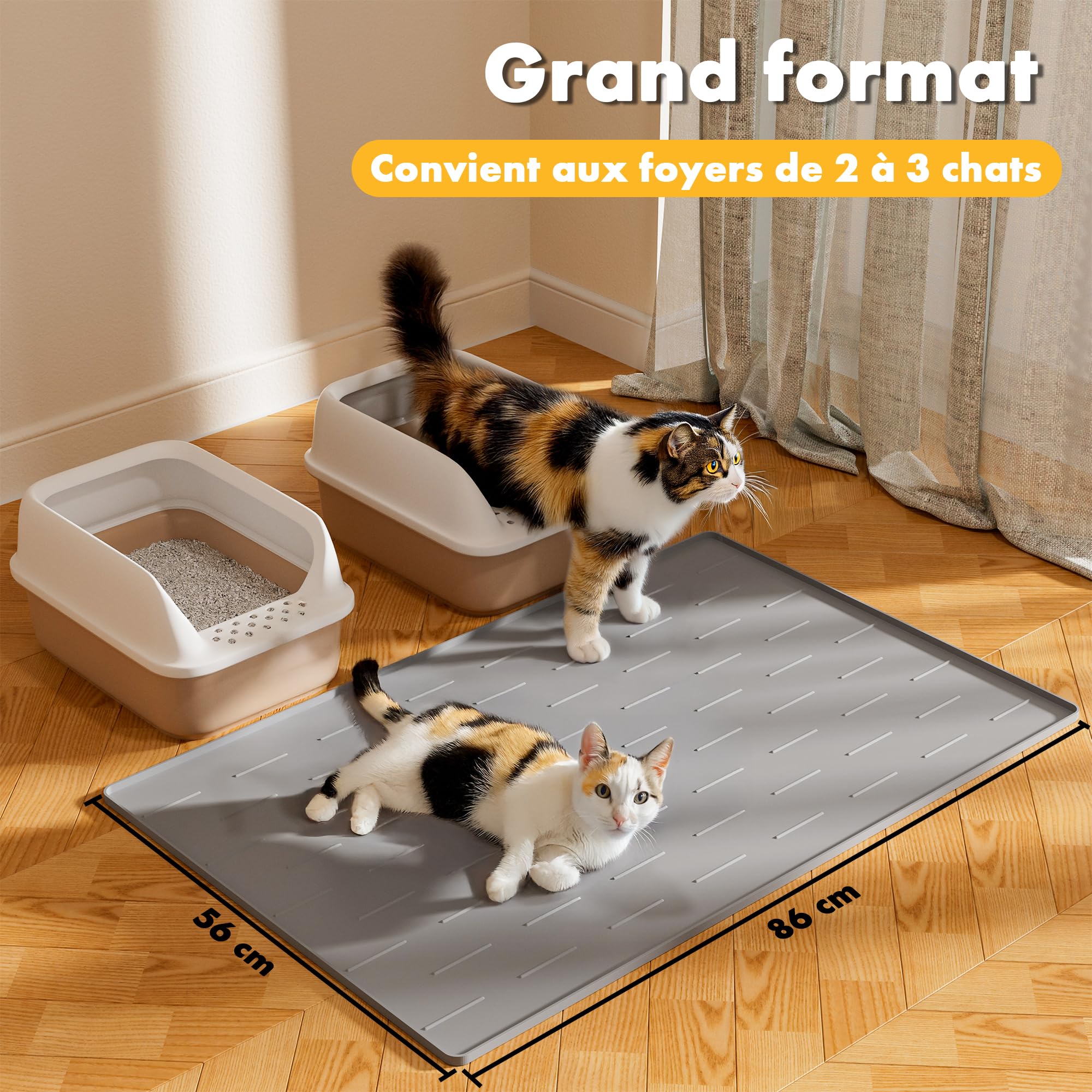 Pieviev Tapis Litière Chat Grand, 86x56cm Tapis pour Bac à Litière | Silicone, Ramasse & Piège le Sable, Anti-Urine, Lavable, Cat Litter Mat Large, Protège le Sol, Gris Clair