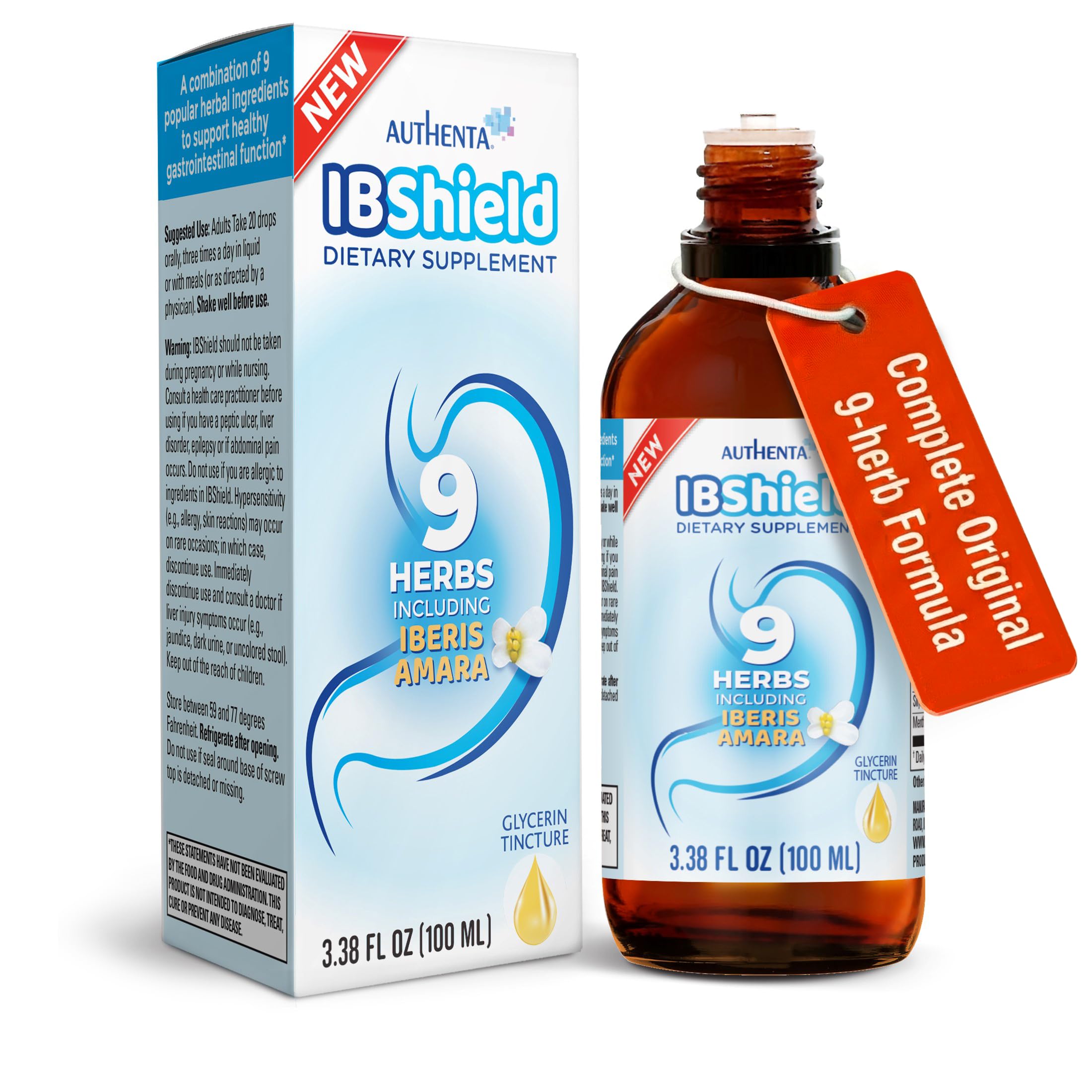 IBShield Tincture 100ml | 6+3=9 Herbs | Iberis Amara, Peppermint, Chamomile, Lemon Balm, Caraway, Licorice, Angelica, Celandine & Mary's Thistle | Original Herbal Formula Supports Digestive Wellness